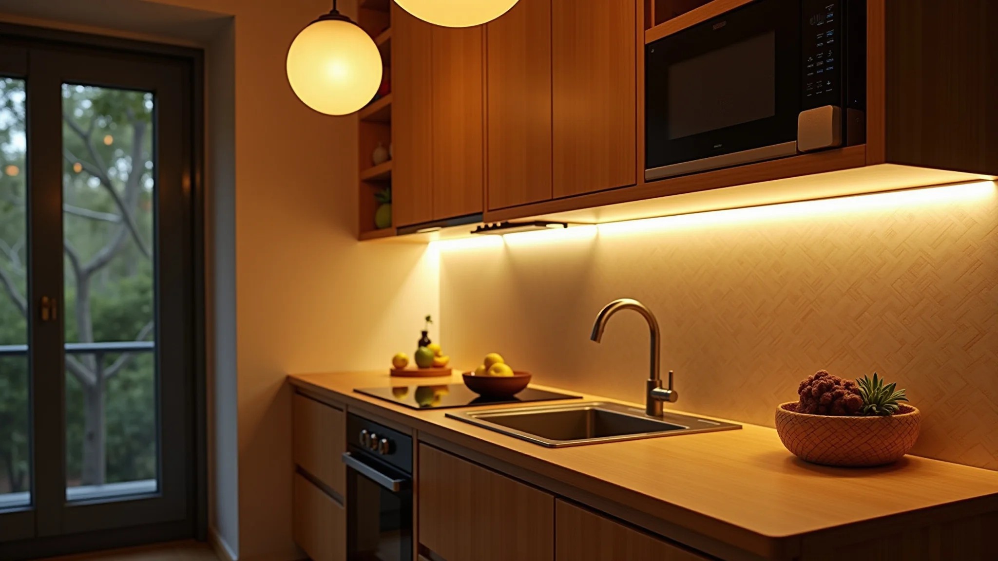 Canto aconchegante da cozinha com iluminação estratégica e pendente charmoso.