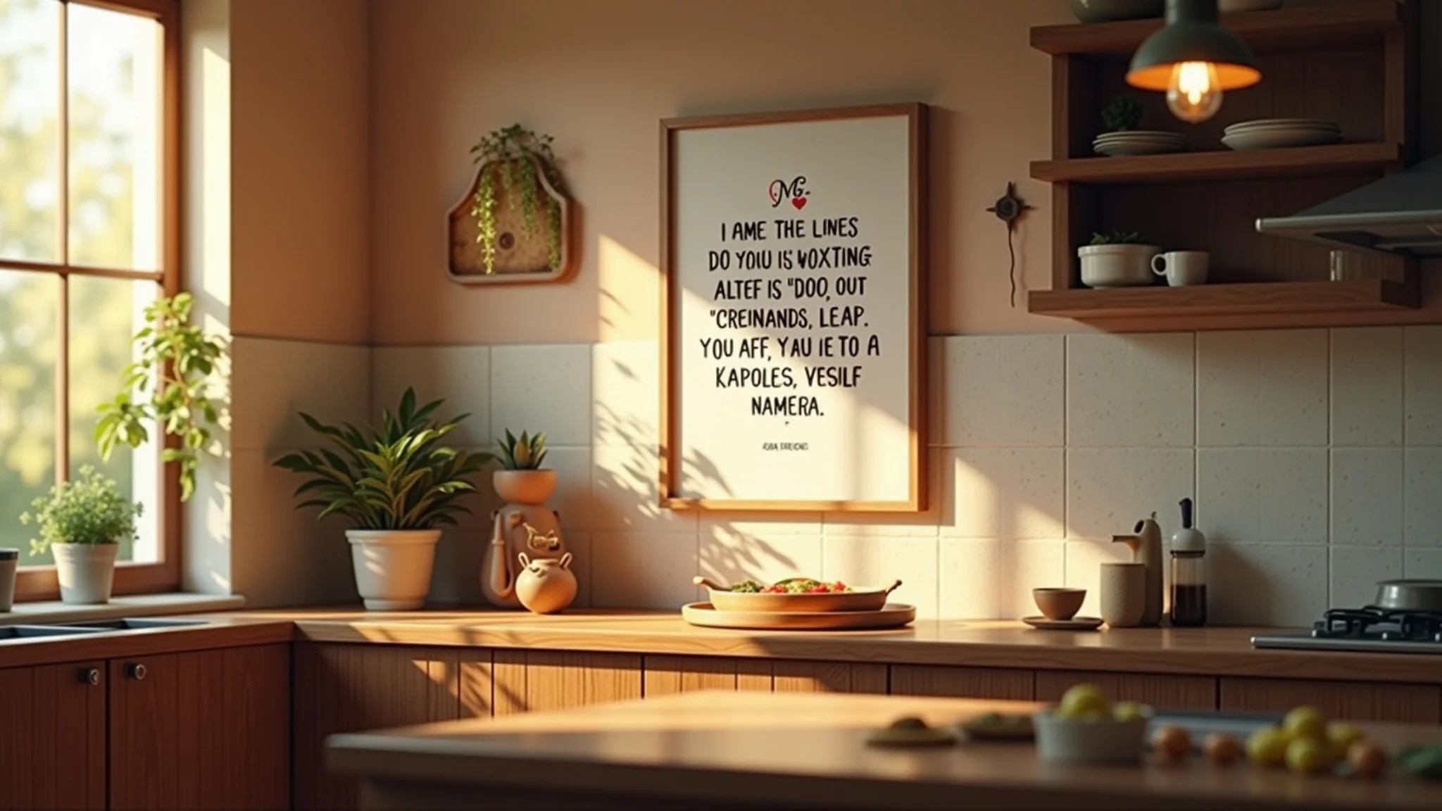Cozinha aconchegante com quadros de frases inspiradoras e decoração brasileira.