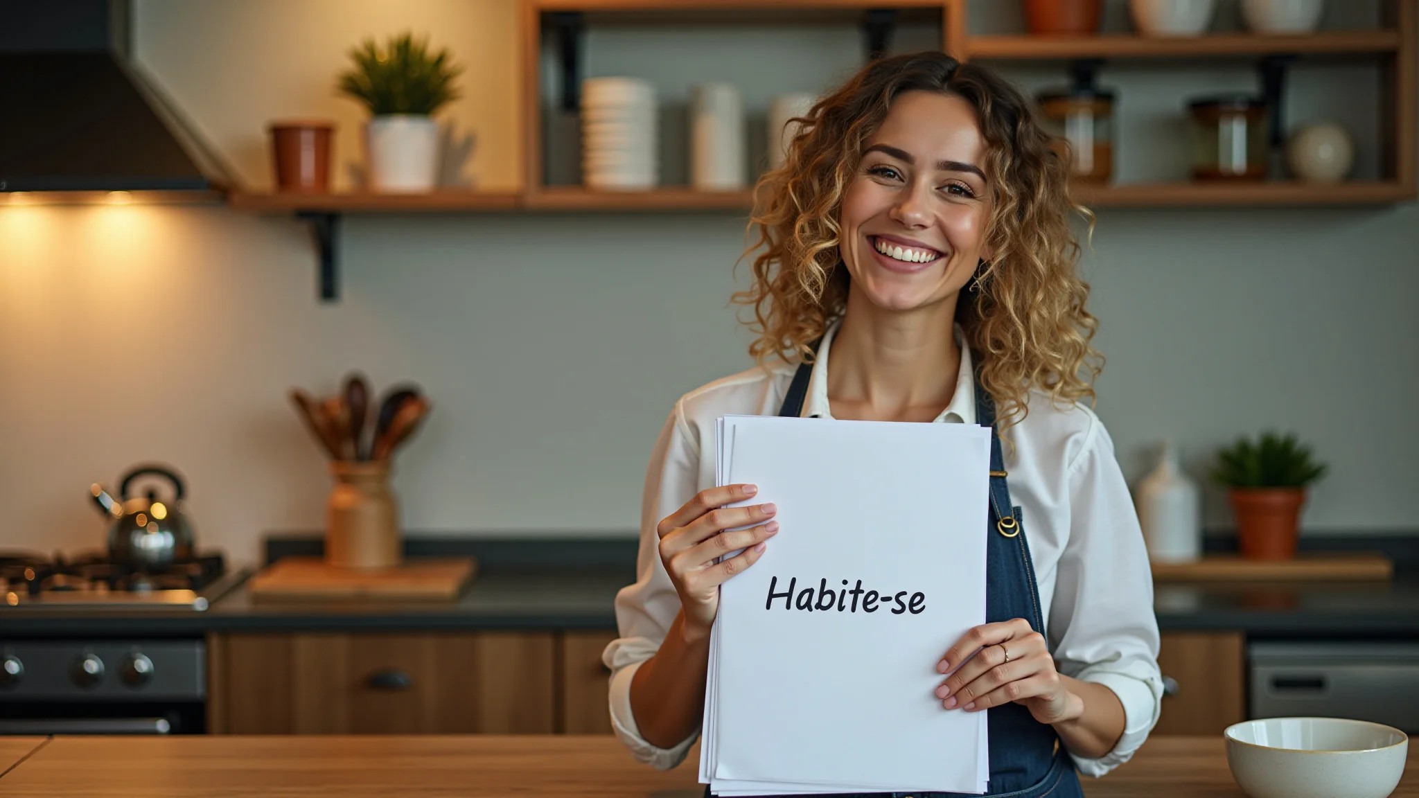 Mulher sorrindo segurando 'Habite-se' na cozinha, ambiente alegre e iluminado.