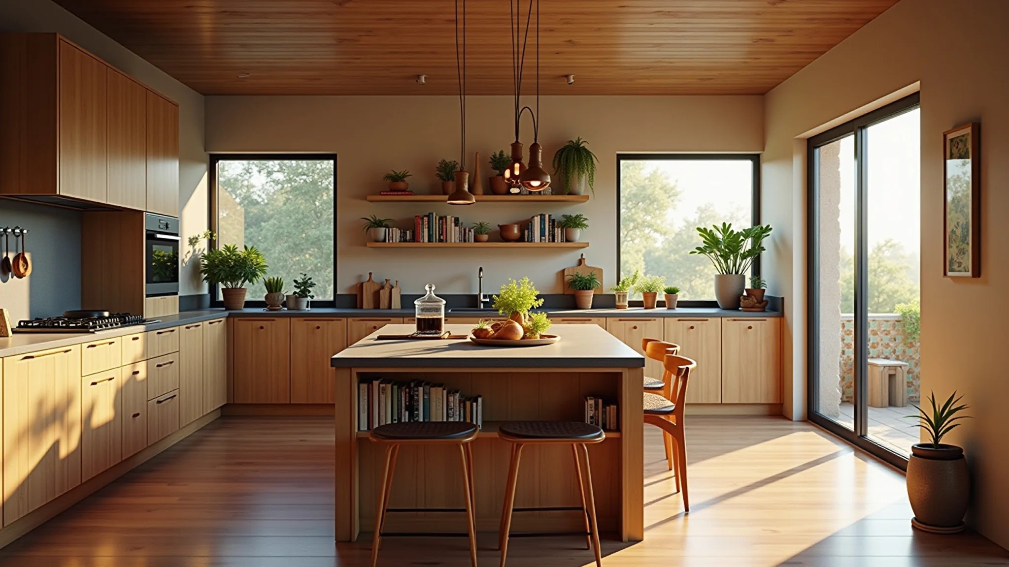 Península de cozinha aconchegante com nichos decorativos, livros e plantas.