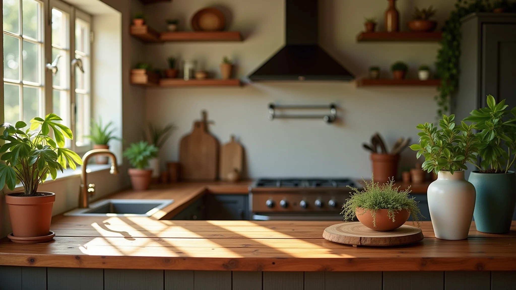 Cozinha aconchegante com bancada de madeira rústica e decoração brasileira.