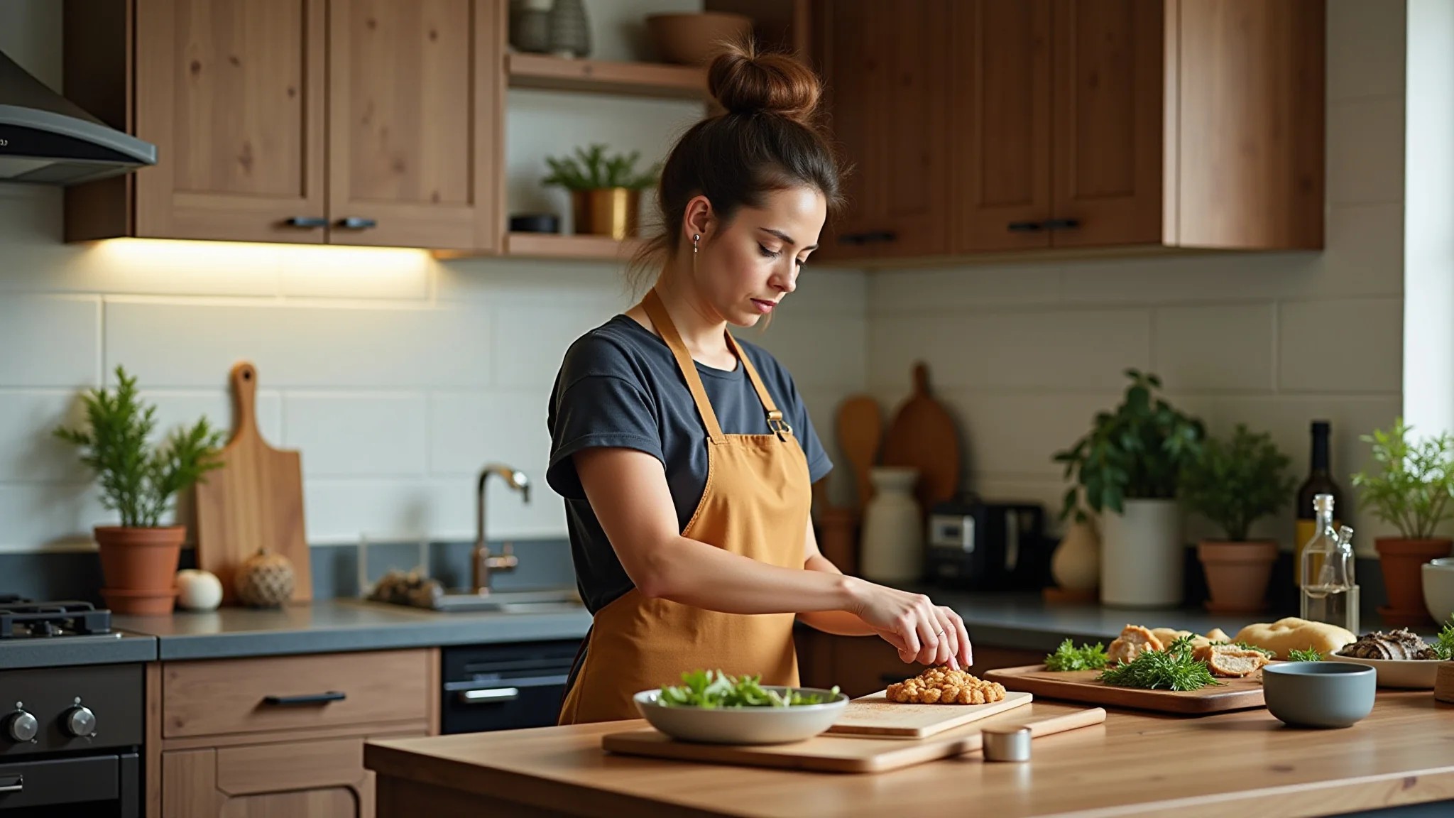 Cozinha aconchegante com design ergonômico e mulher preparando comida.