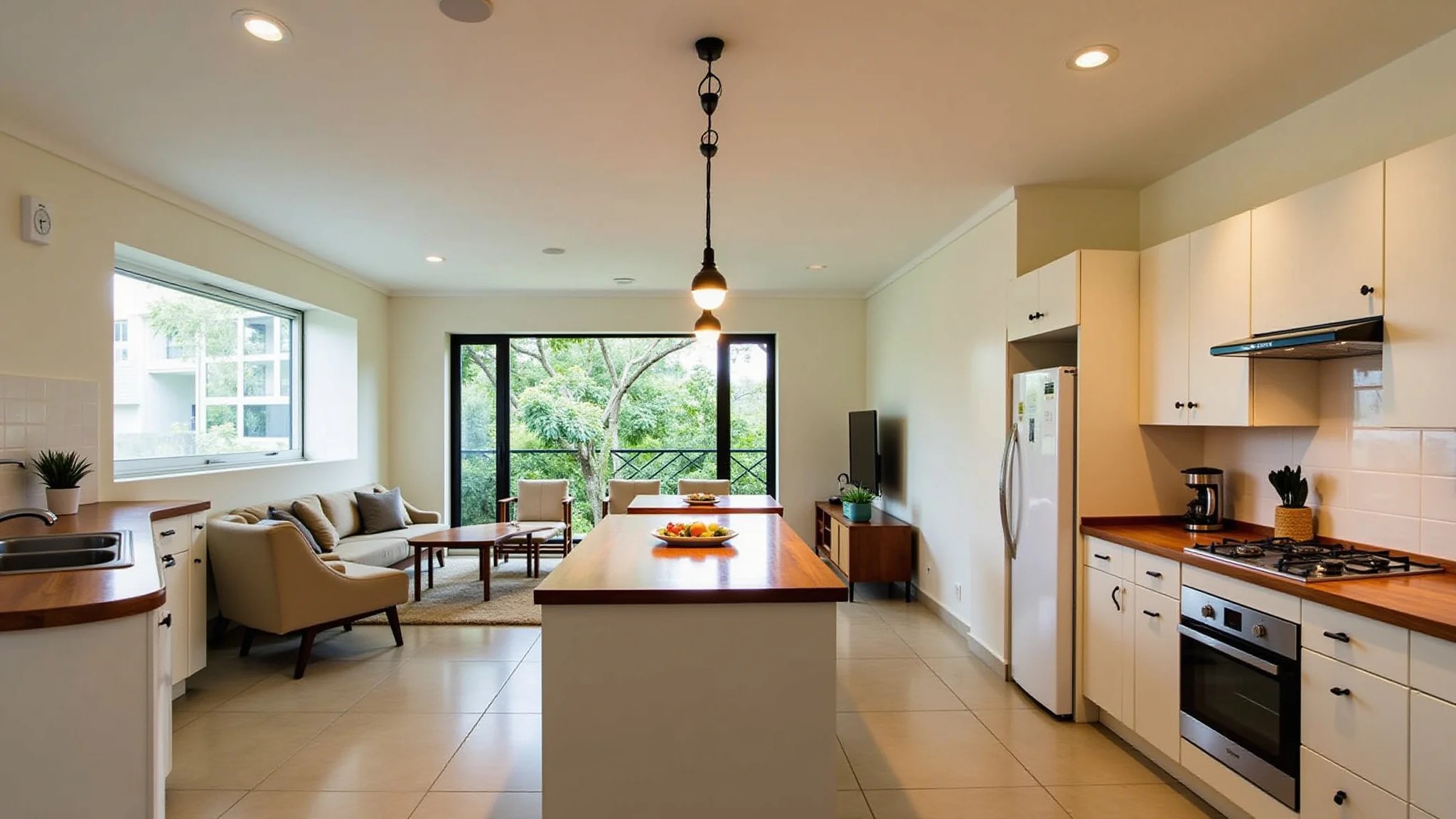 Cozinha aconchegante com ilha compacta, aberta para a sala, estilo brasileiro.