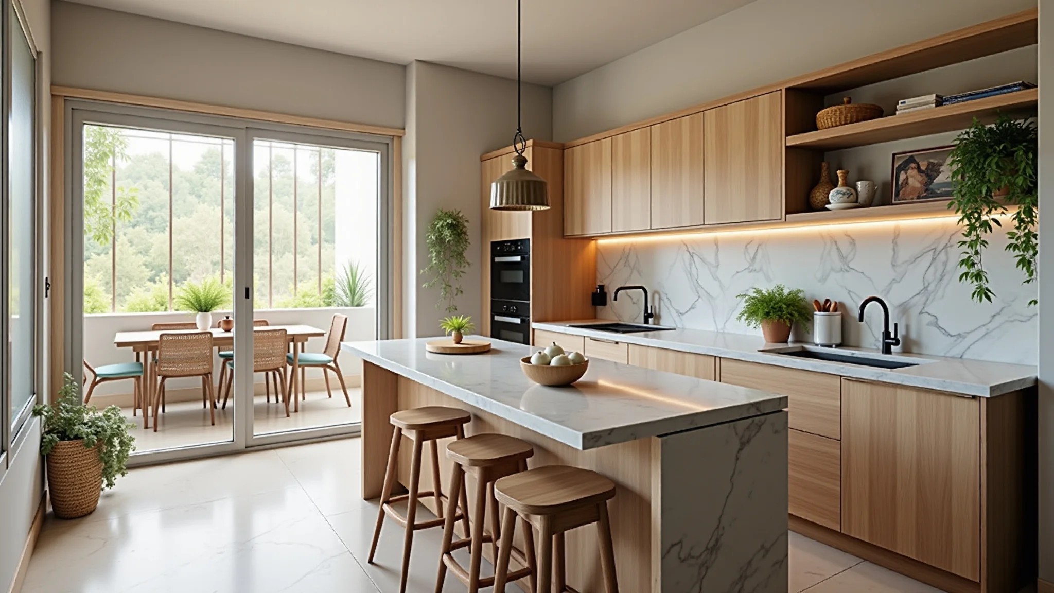 Cozinha aconchegante com bancada de mármore e decoração brasileira.
