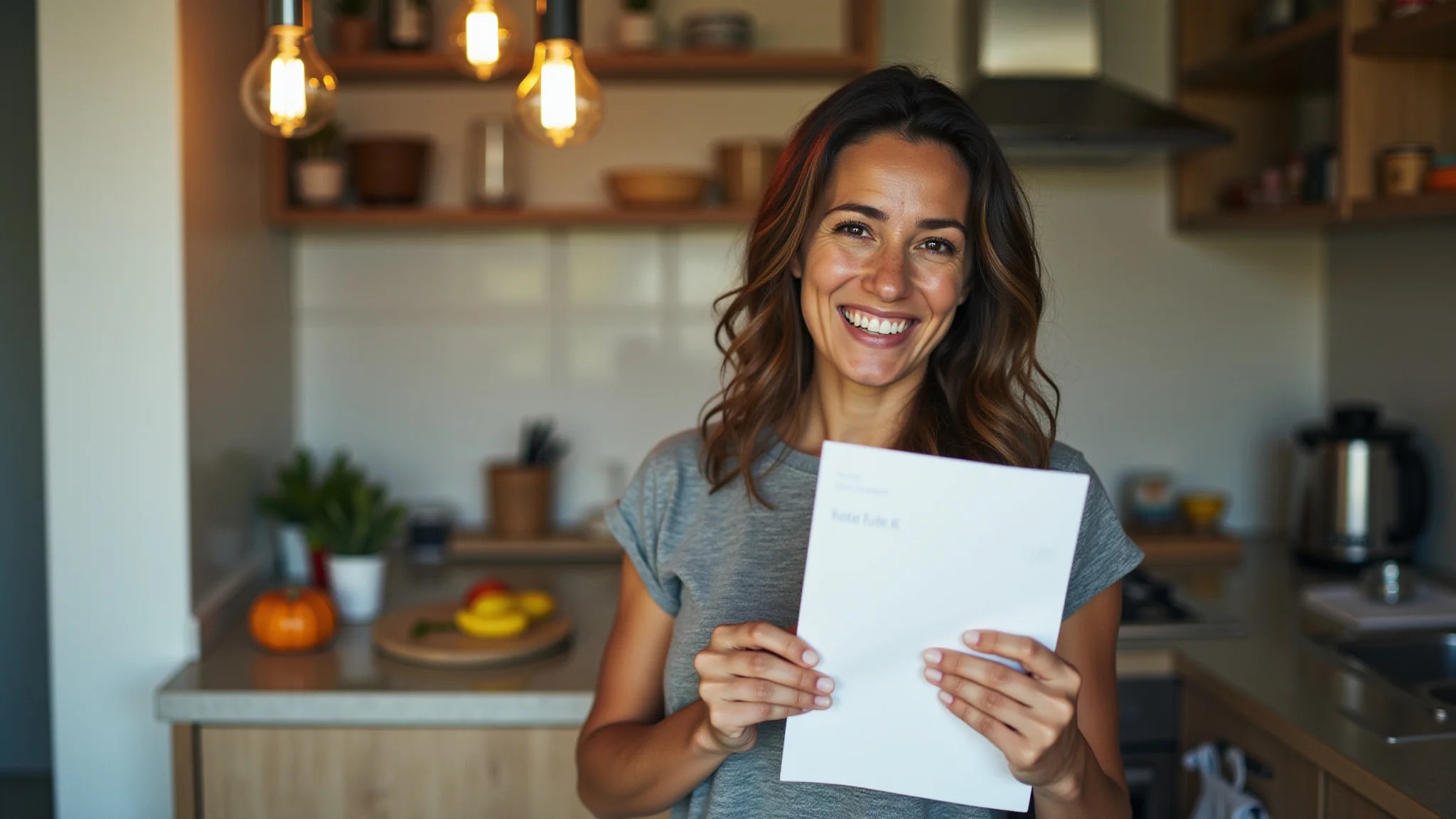 Mulher sorrindo segurando documento do IPTU na cozinha.