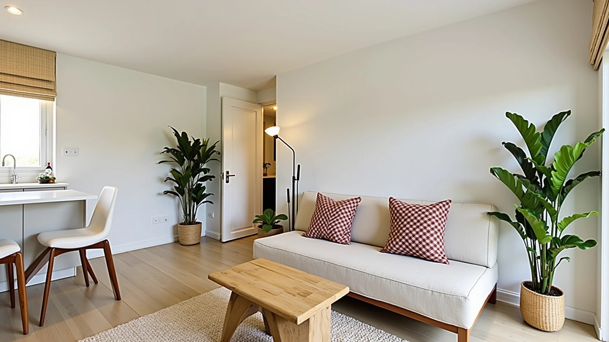 Sala de estar aconchegante em kitnet com cores claras, almofadas e plantas.