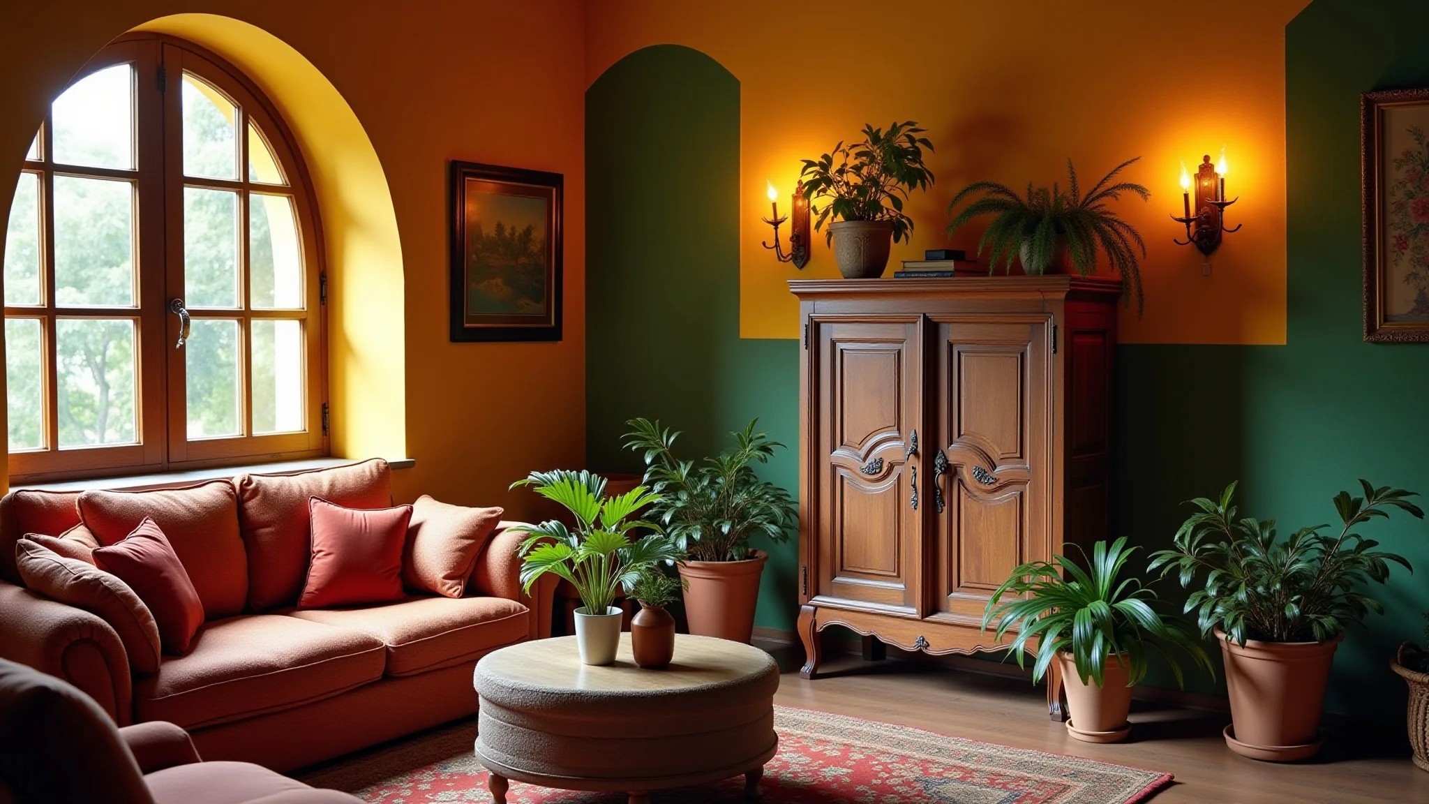 Sala aconchegante com armário antigo como destaque, design brasileiro vibrante.