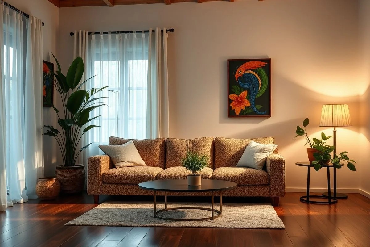 Sala de estar aconchegante com iluminação indireta suave e decoração brasileira.
