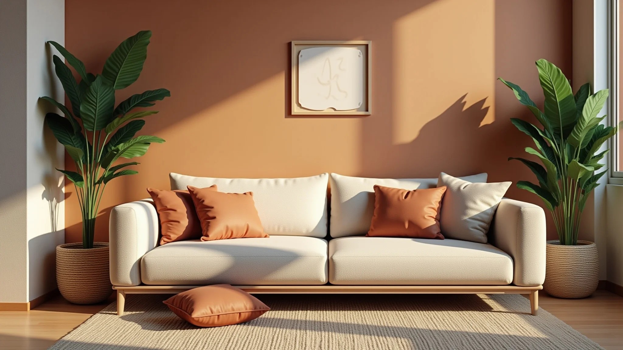Sala aconchegante com sofá bege, detalhes em terracota e plantas verdes.