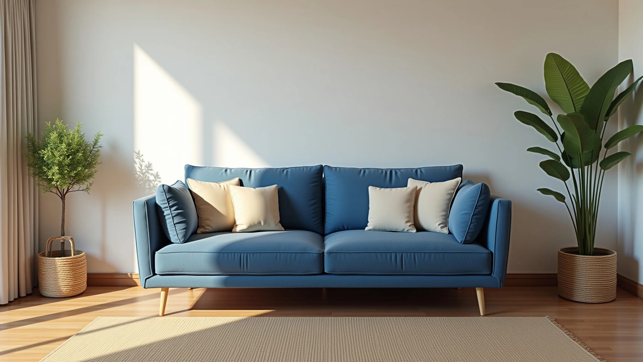 Sala aconchegante com sofá azul, piso de madeira e iluminação interna brilhante.