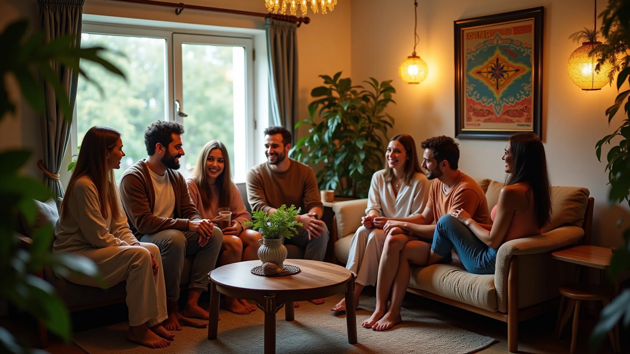 Sala de estar aconchegante em estilo boho com amigos diversos e iluminação quente.