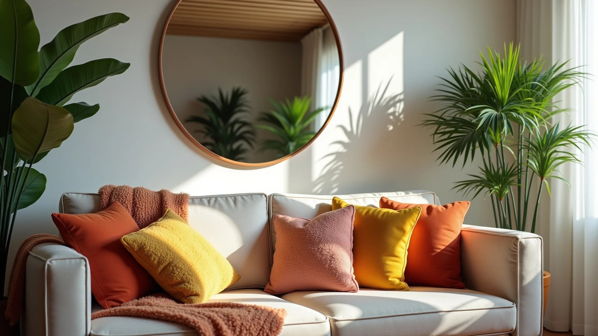 Sala de estar aconchegante com espelho, plantas e almofadas coloridas em estilo brasileiro.