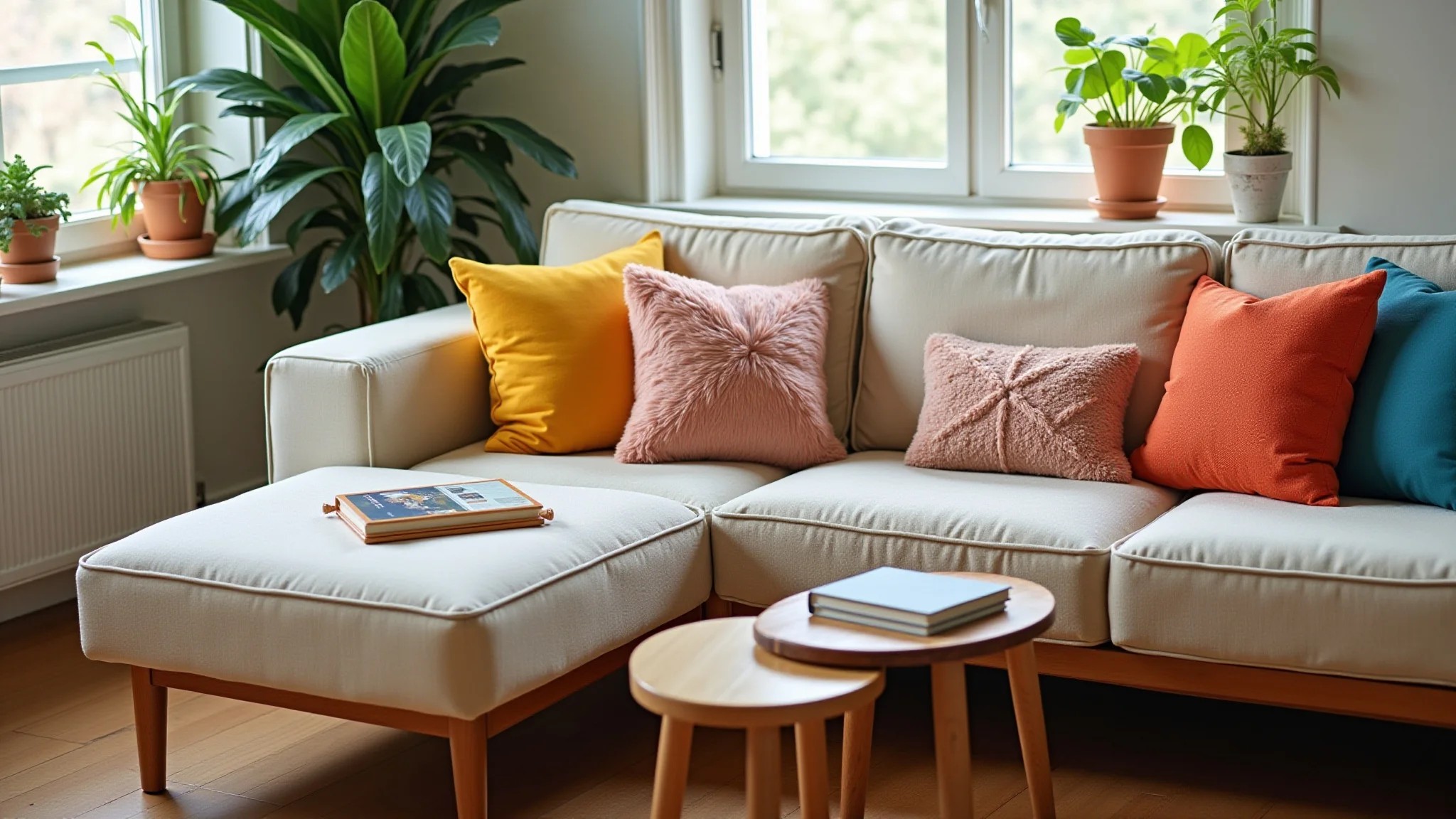 Sala aconchegante com almofadas coloridas, plantas e luz natural.