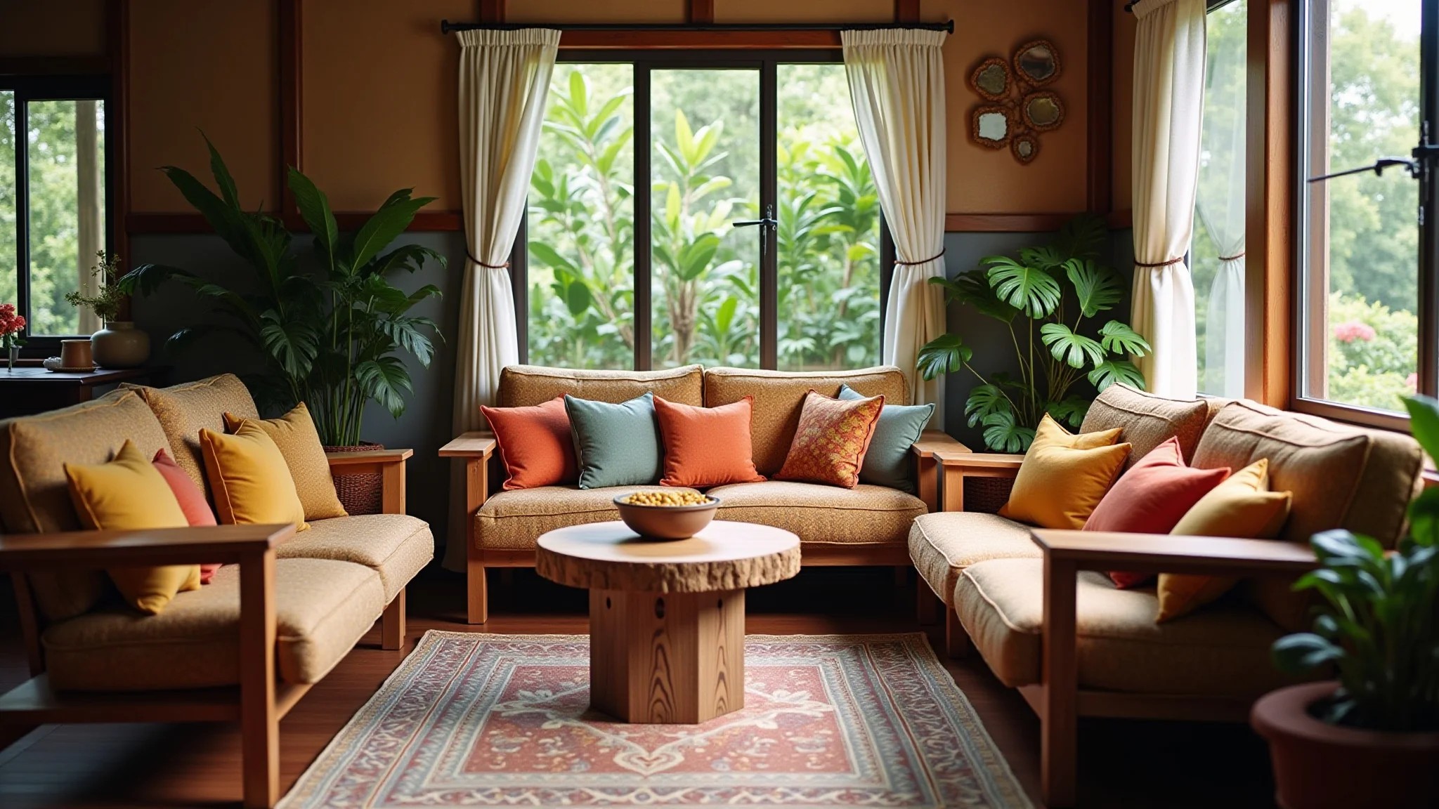Sala de estar aconchegante com almofadas coloridas, móveis de madeira e plantas.