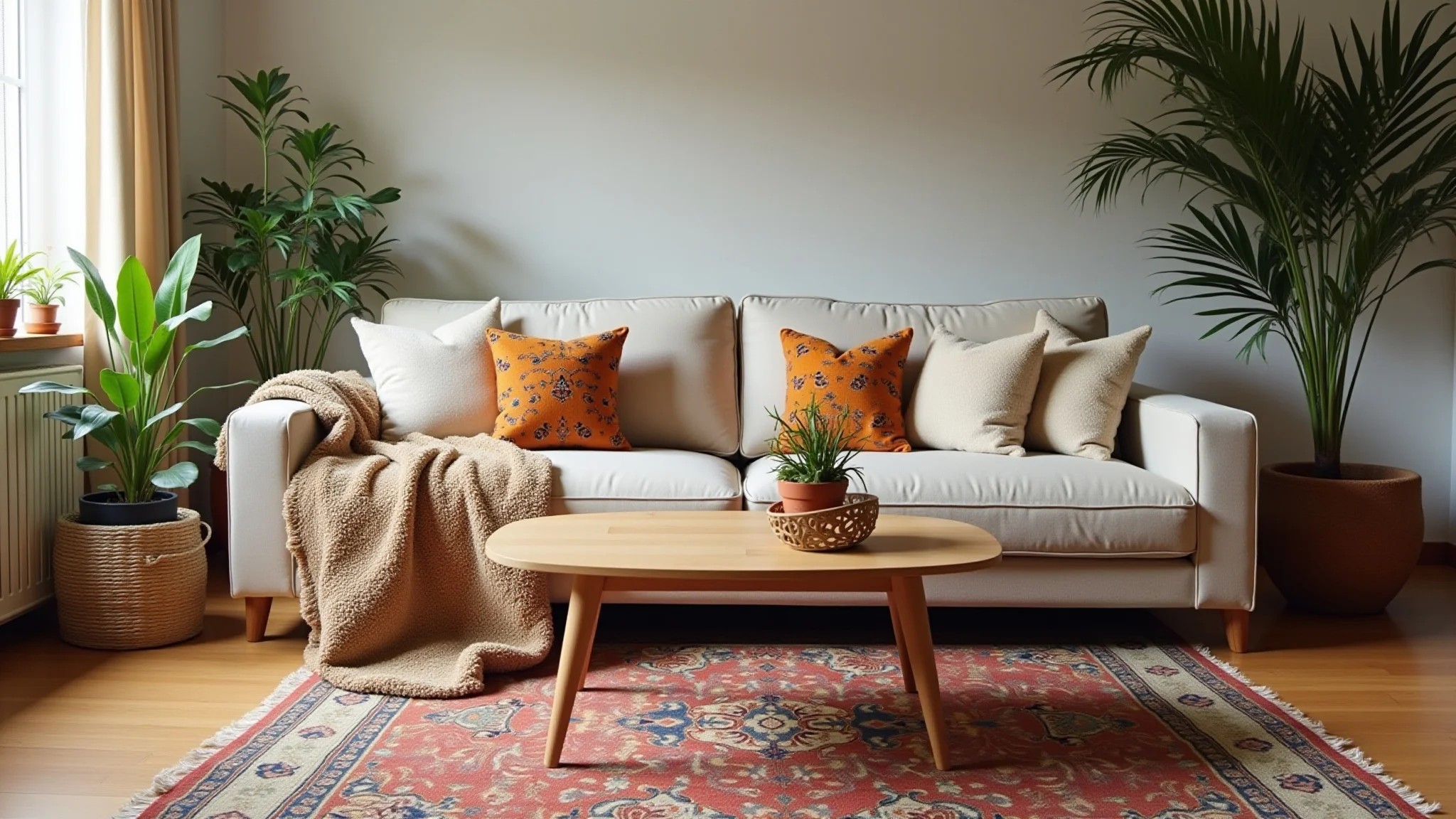 Sala de estar aconchegante com tapete estampado sob sofá e mesa de centro.