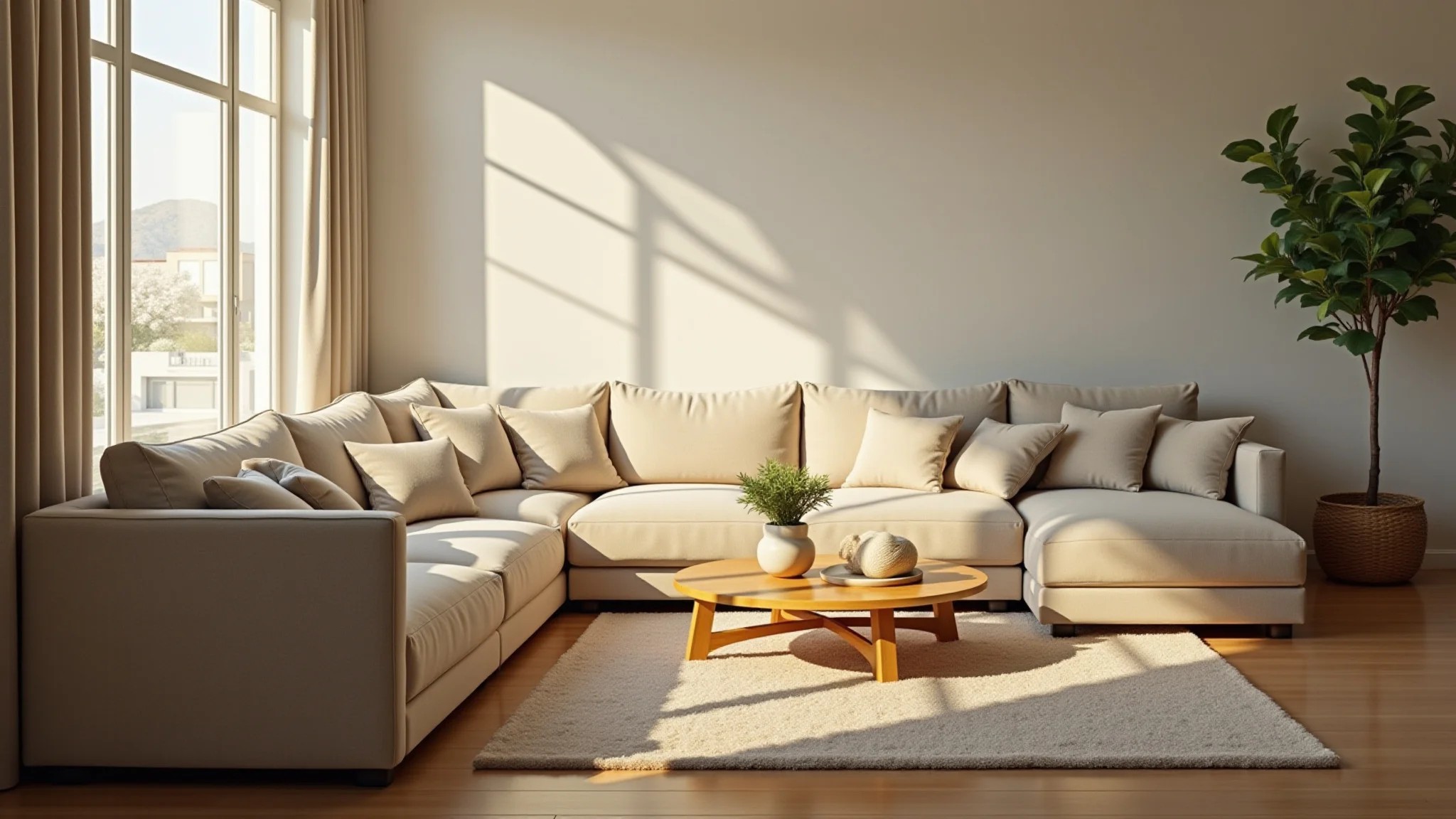 Sala clean e aconchegante com sofá bege, mesa de centro de madeira e iluminação suave.