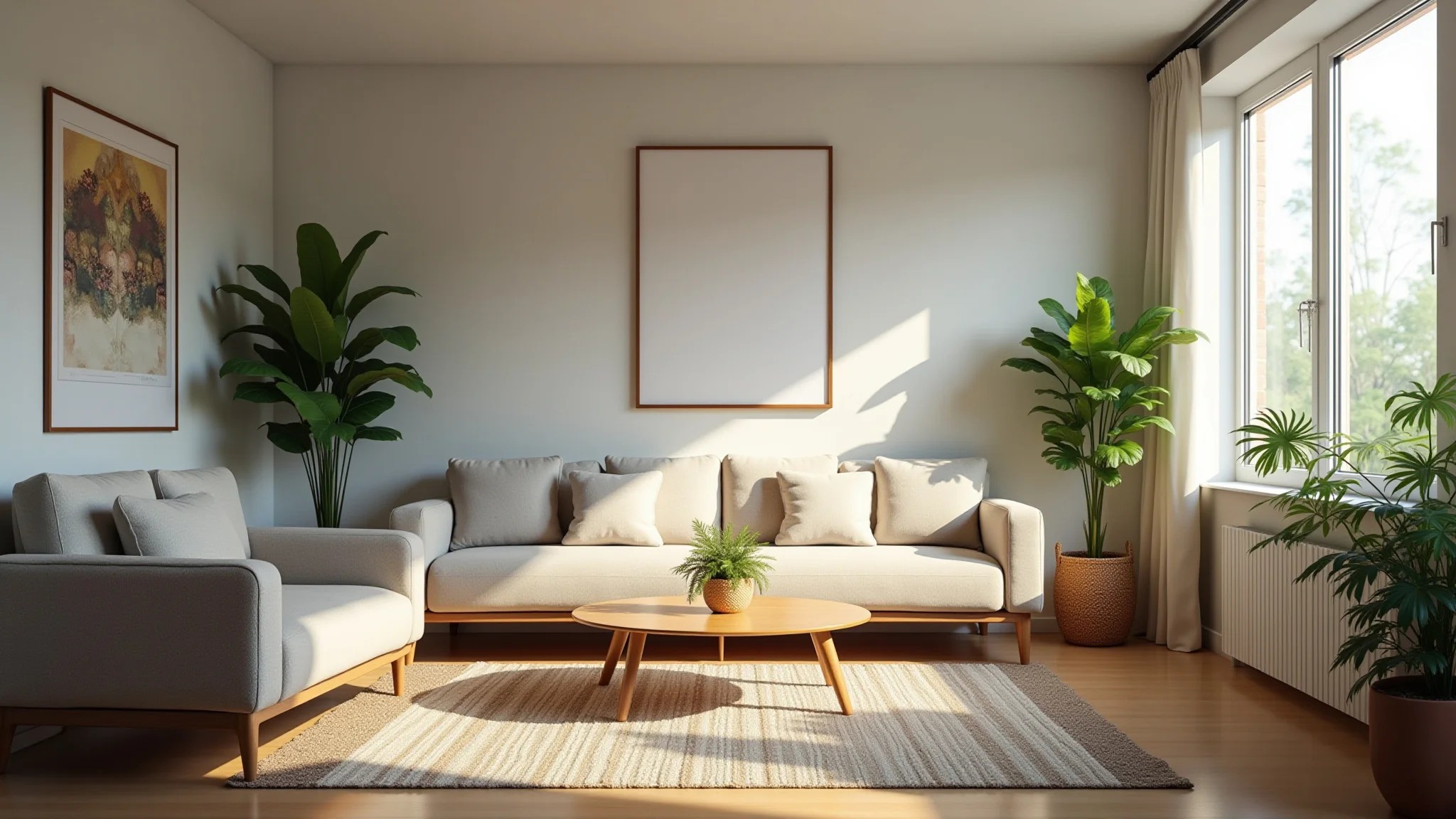 Sala de estar aconchegante com design clean, plantas e iluminação natural.