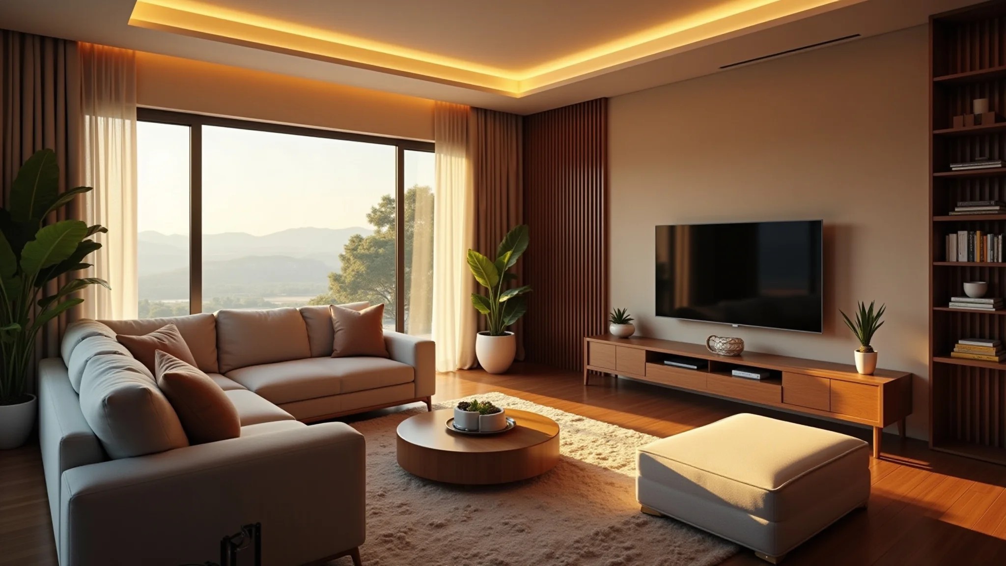 Sala aconchegante com sofá confortável e altura ideal da TV.