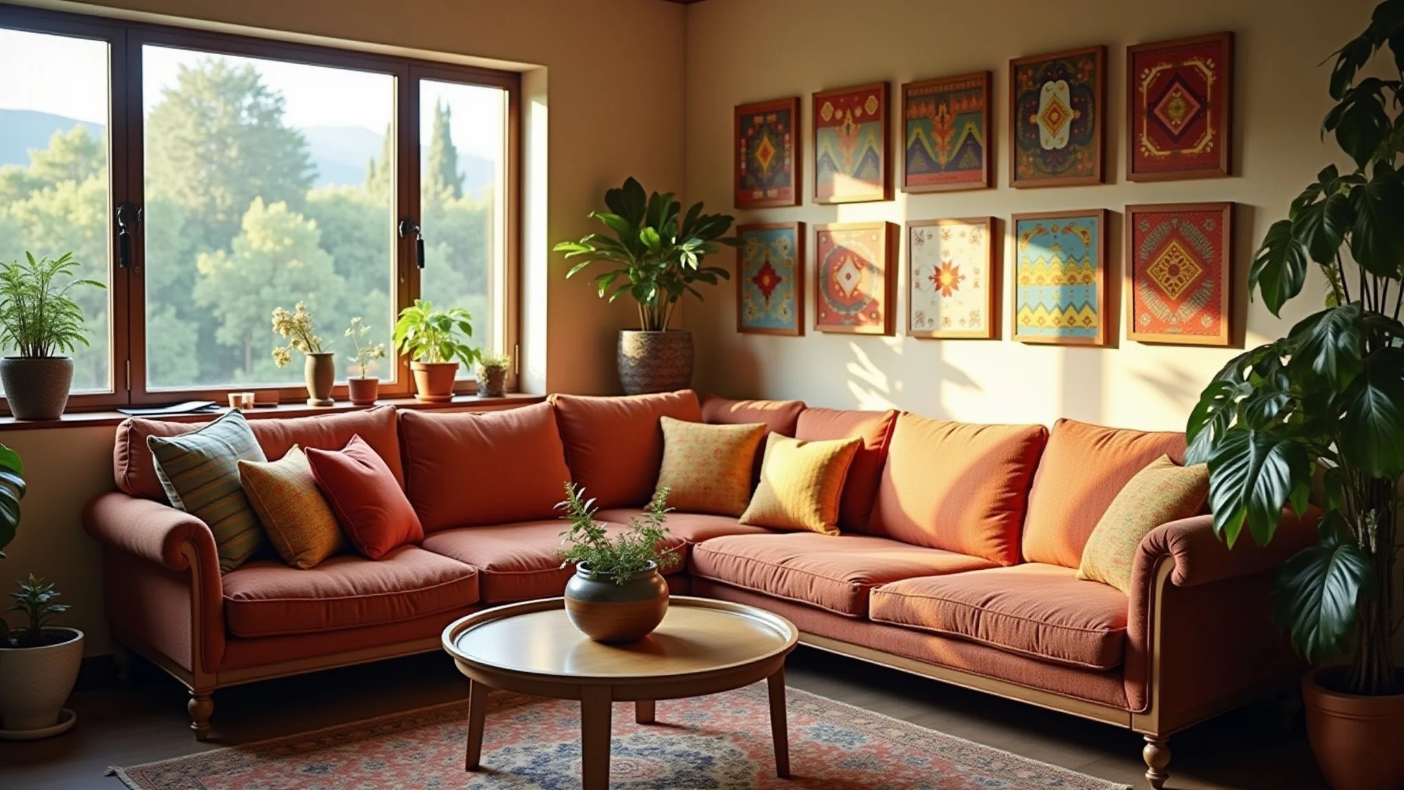 Canto aconchegante da sala com decoração DIY e móveis reutilizados.