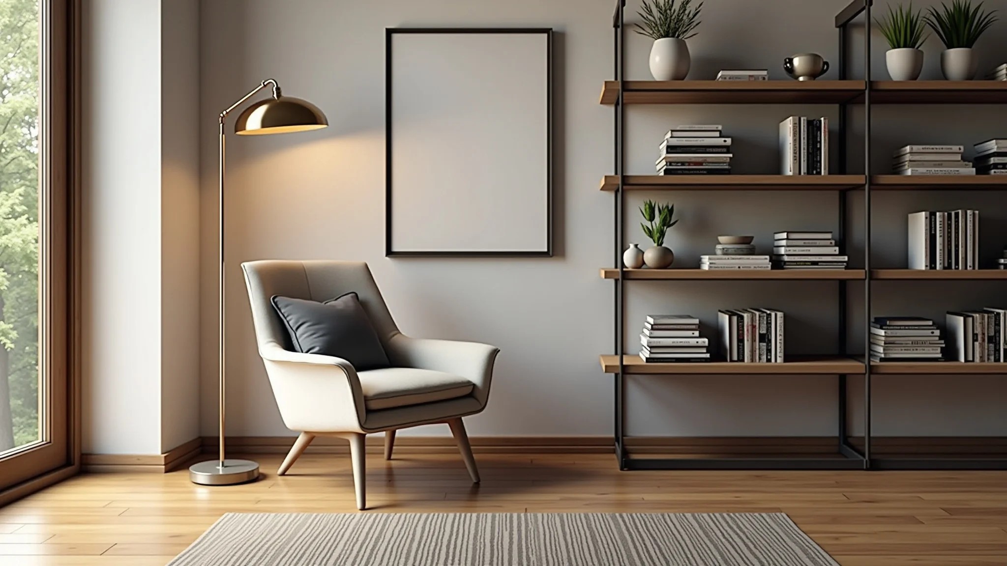 Canto aconchegante da sala com poltrona estilosa, luminária de chão e estante de livros.