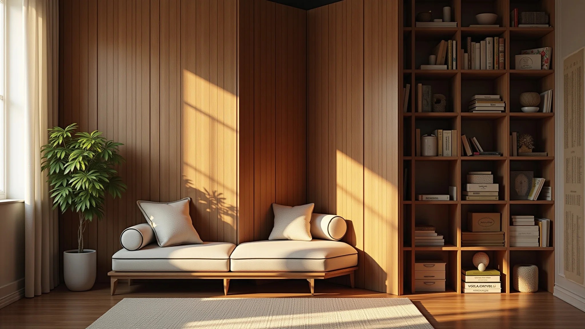 Cantinho de leitura aconchegante com biombo de madeira, iluminação suave e decoração brasileira.