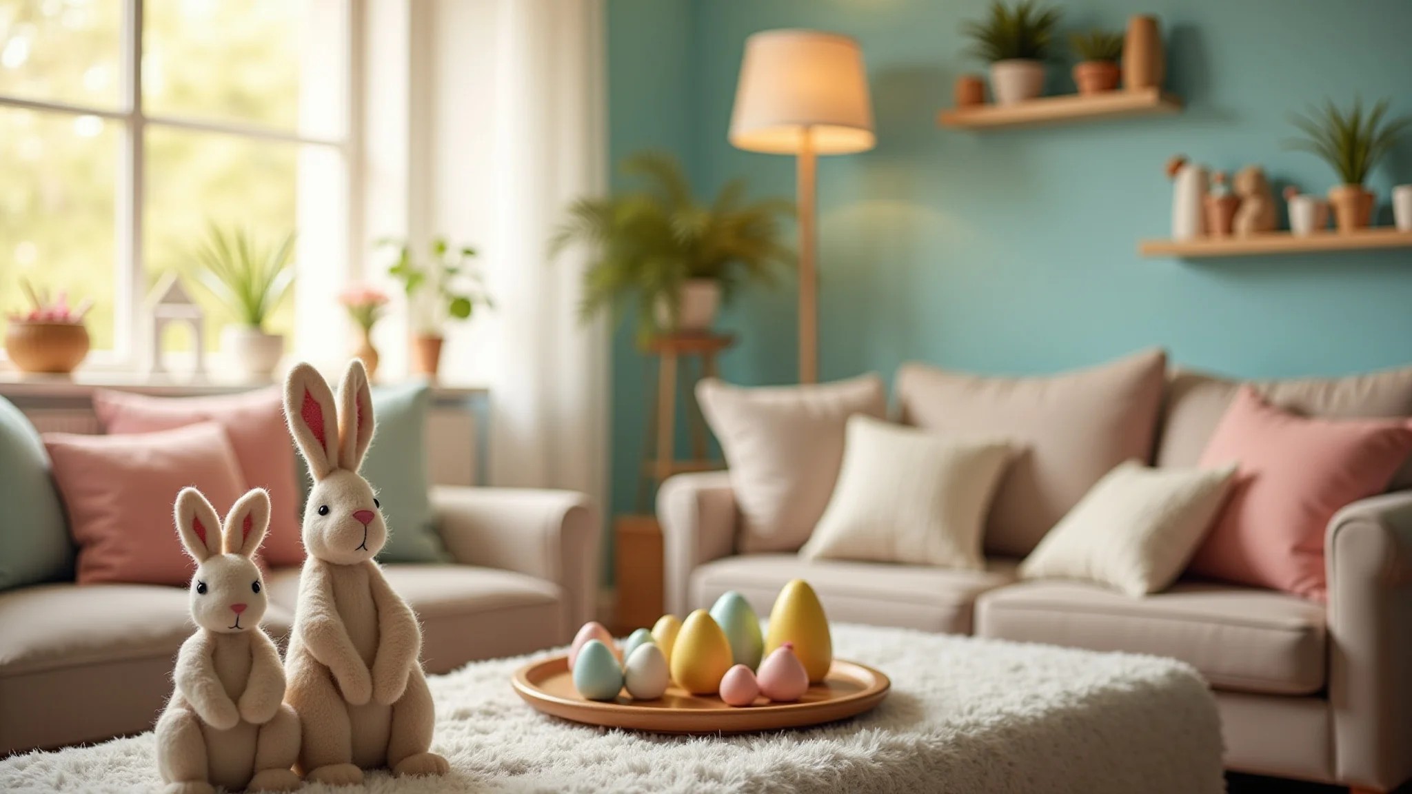 Sala de estar aconchegante decorada para a Páscoa com coelhos de feltro.