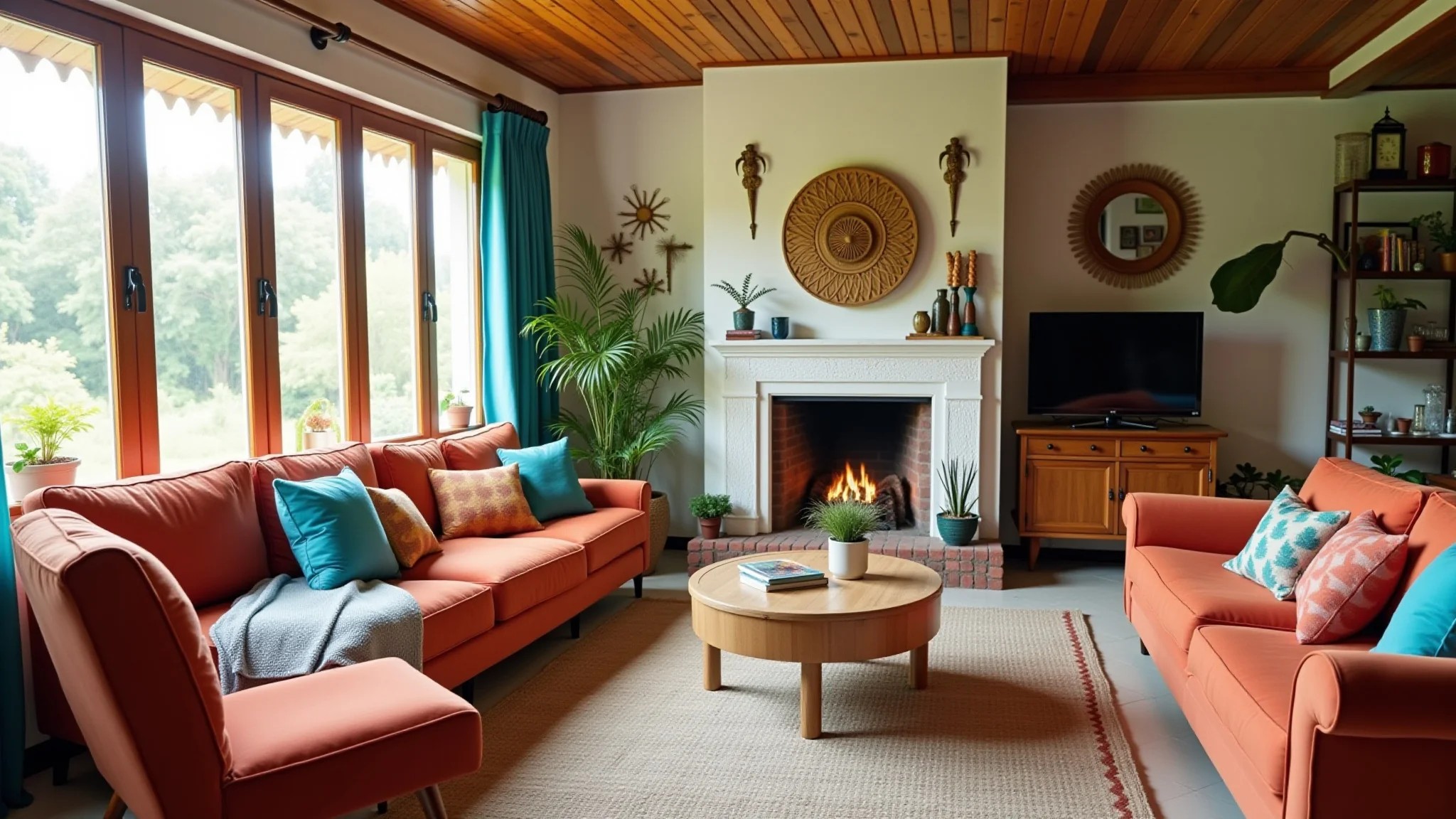 Sala aconchegante com decoração DIY, móveis reaproveitados e cores vibrantes.