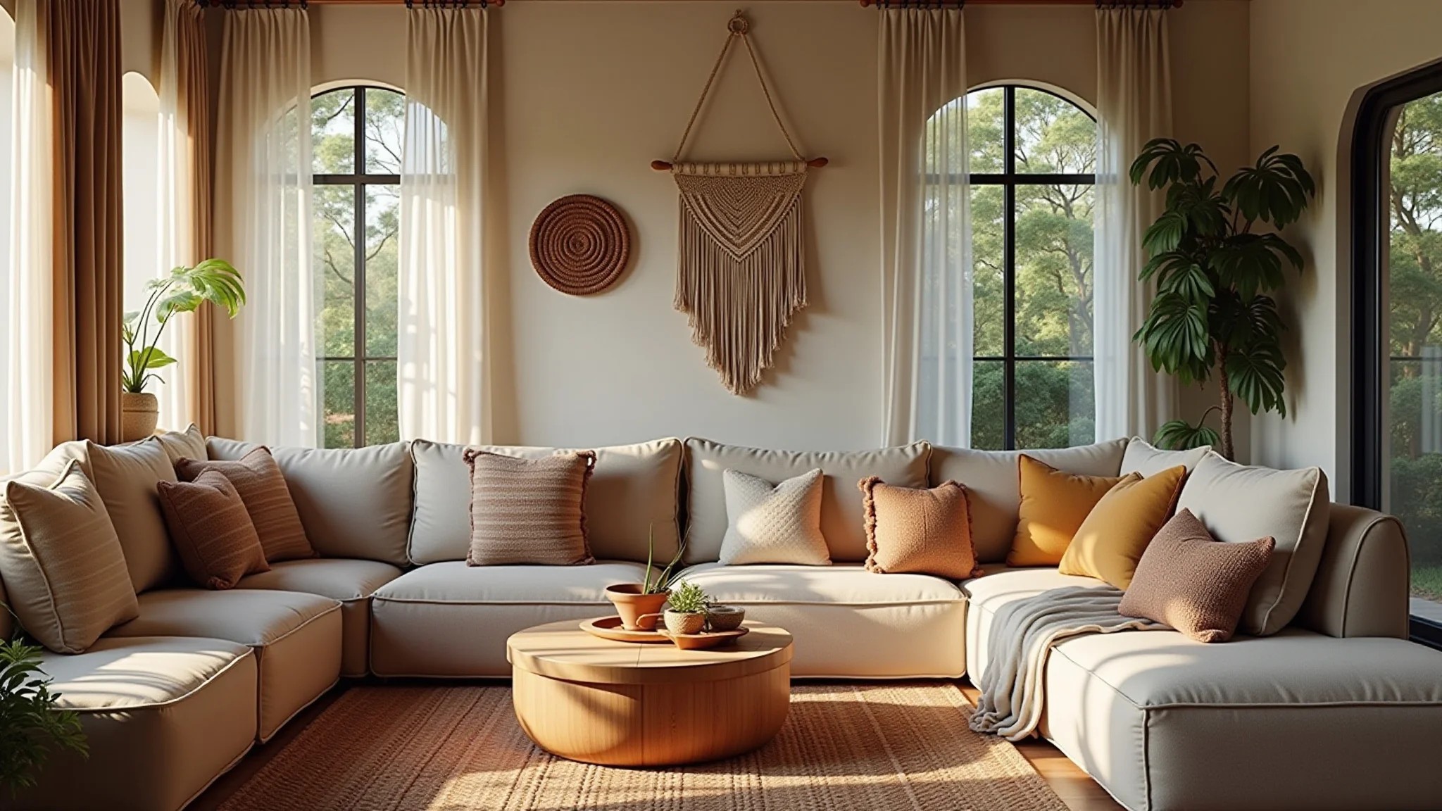 Sala aconchegante com paleta terrosa, iluminação natural e decoração DIY.