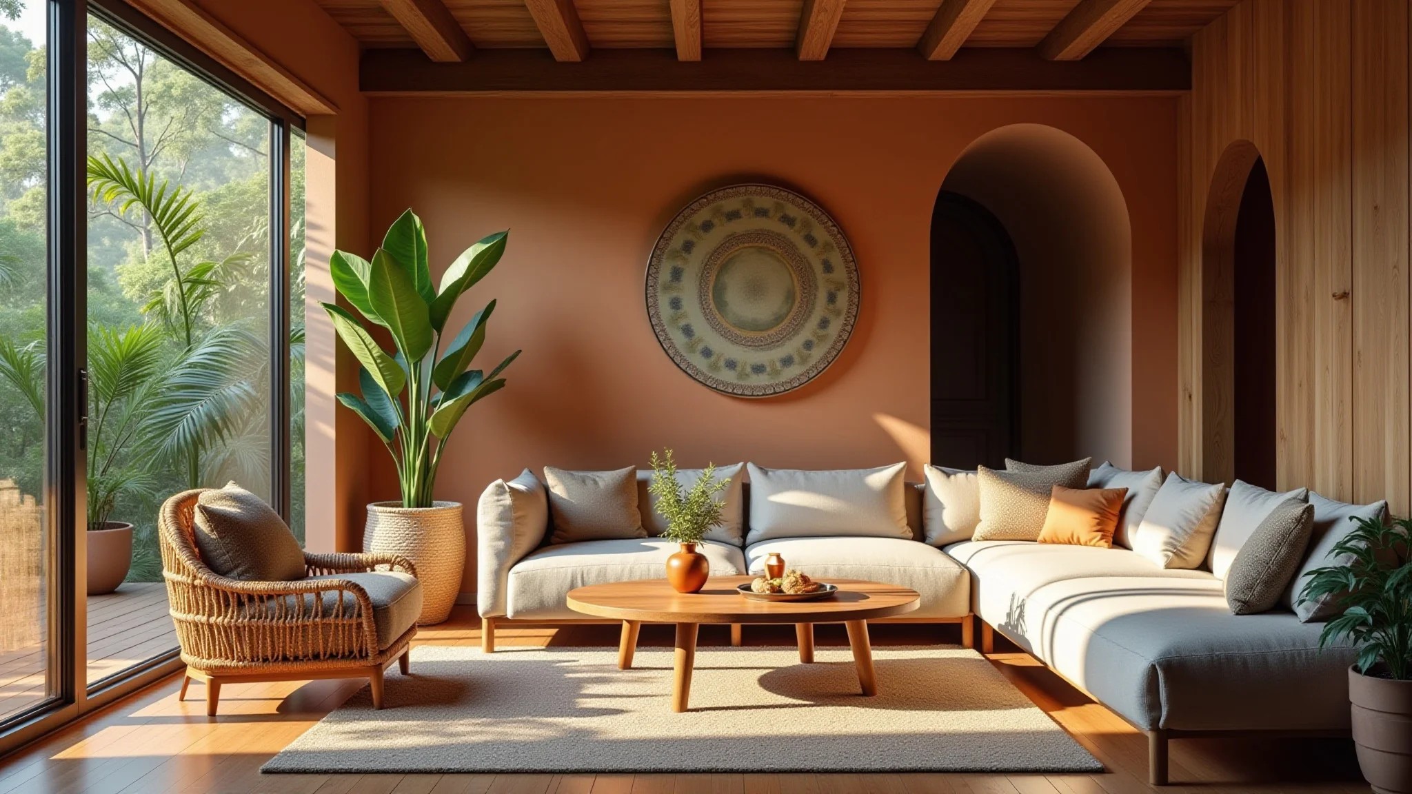 Sala aconchegante com tons terrosos, iluminação natural e decoração em estilo brasileiro.