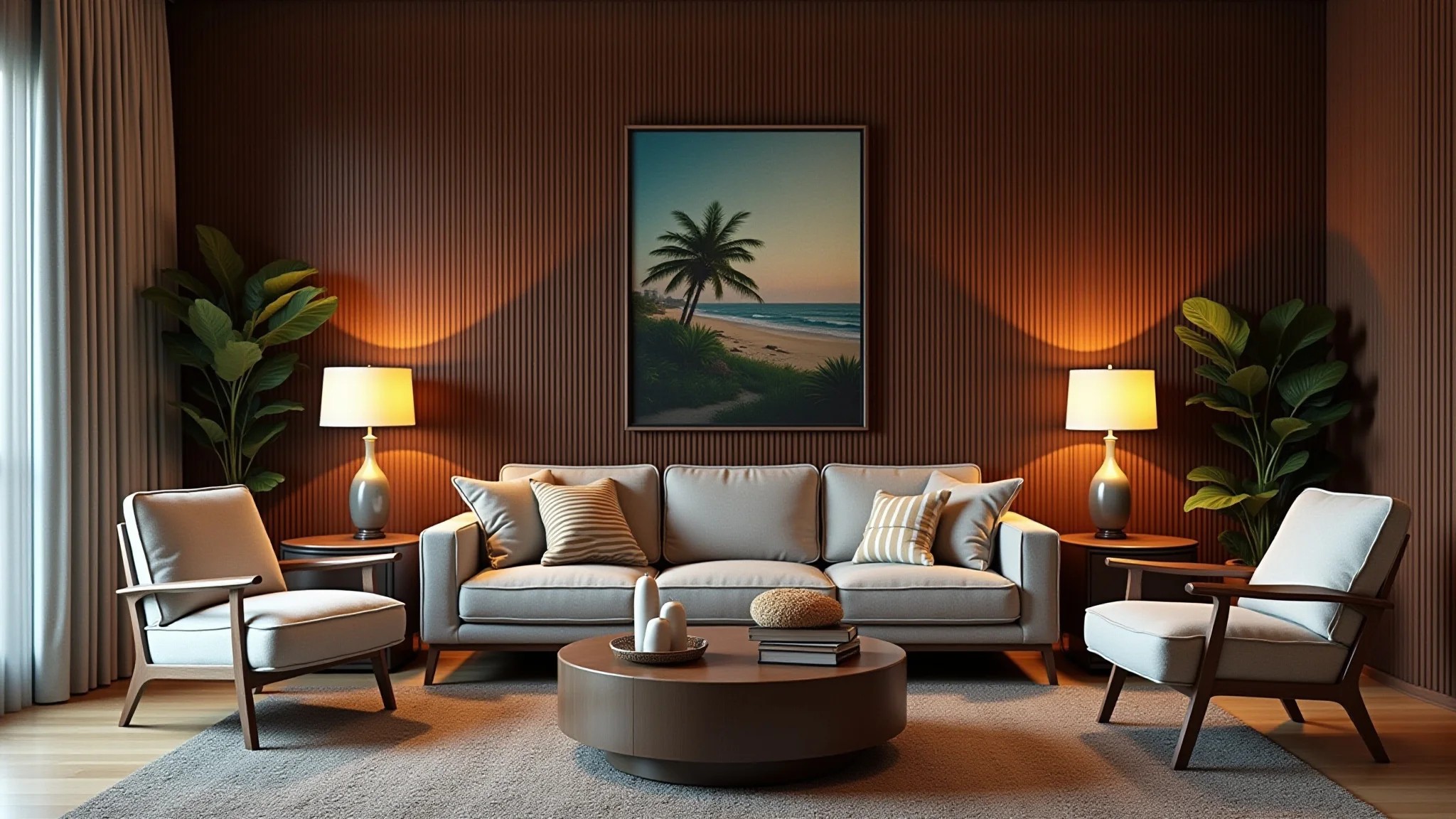 Sala aconchegante com parede ripada escura, poltronas confortáveis e arte brasileira.