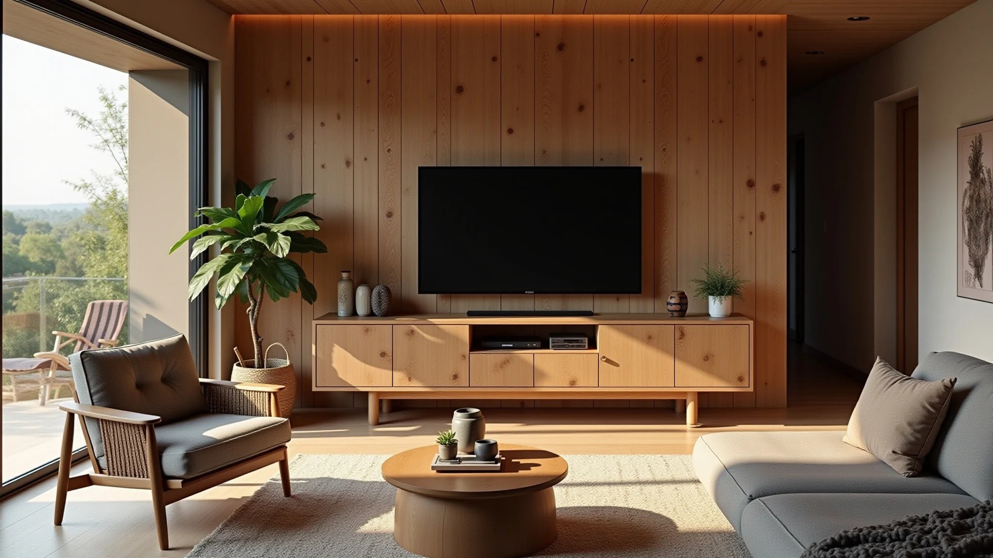 Sala aconchegante com painel de TV feito de madeira de demolição e elementos naturais.