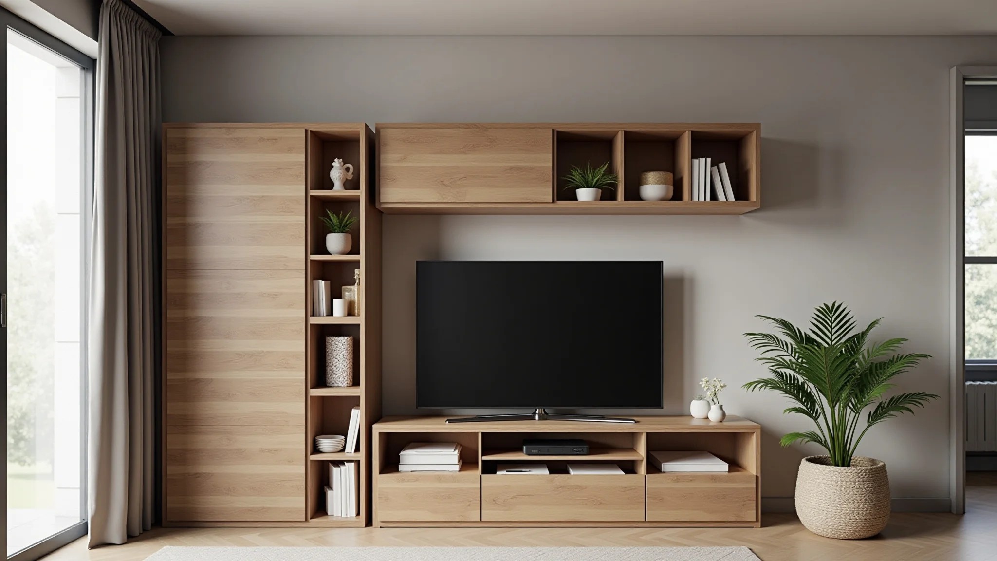 Sala aconchegante com painel de TV e rack integrado, objetos organizados e decoração brasileira.