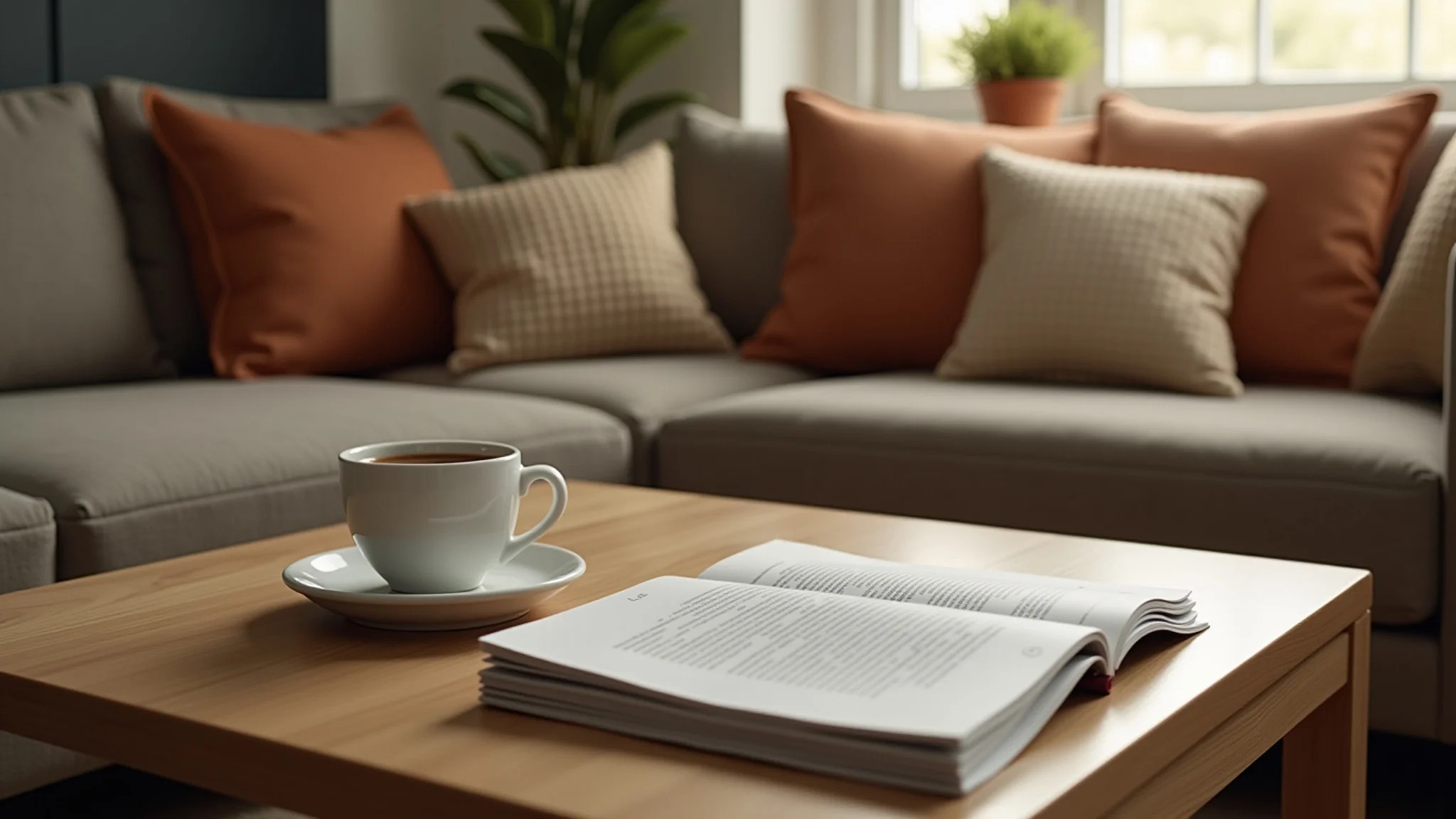 Sala aconchegante com mesa de centro de madeira, revistas e café.