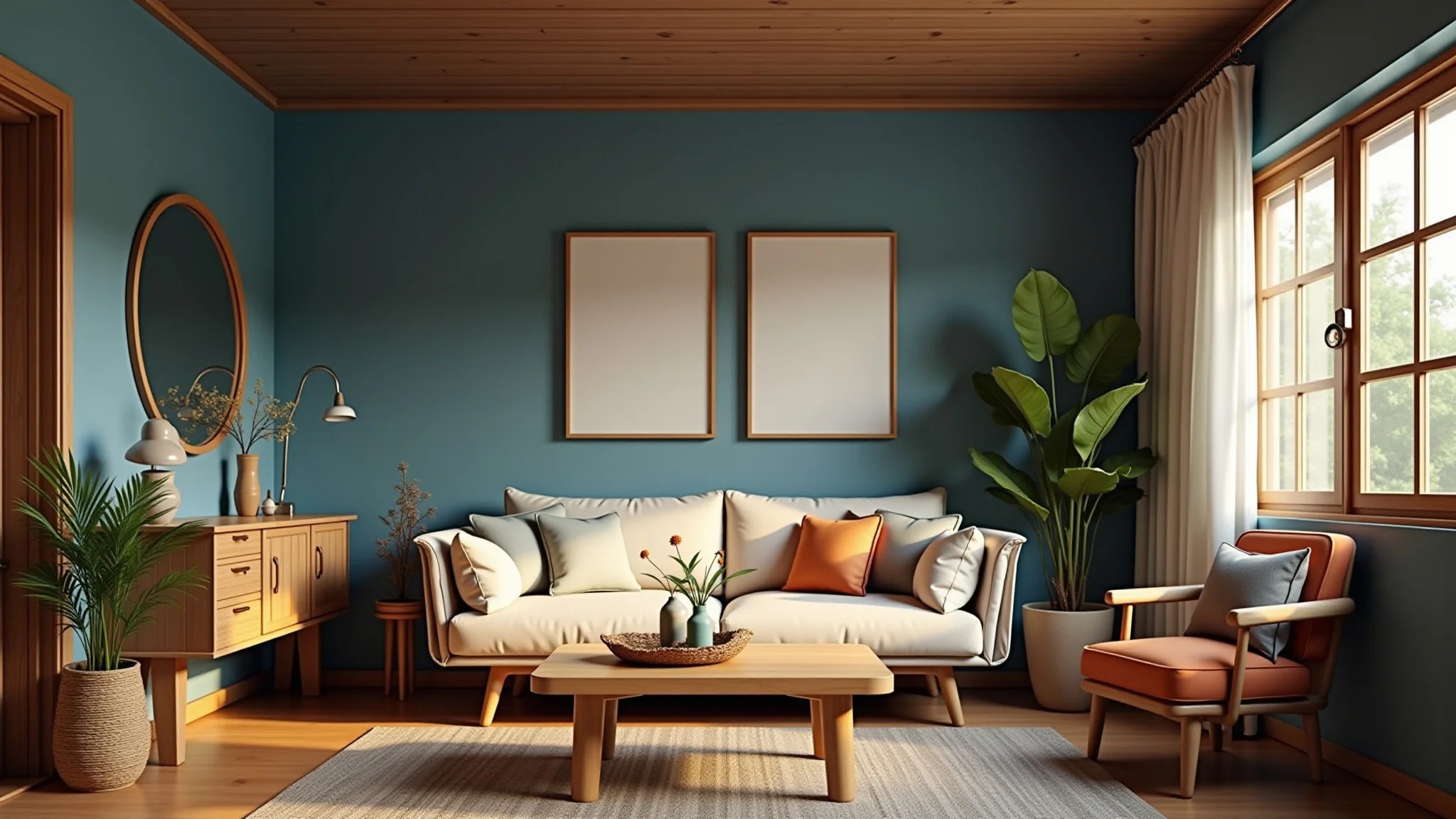 Sala de estar aconchegante com paredes azuis e móveis de madeira, seguindo o feng shui.
