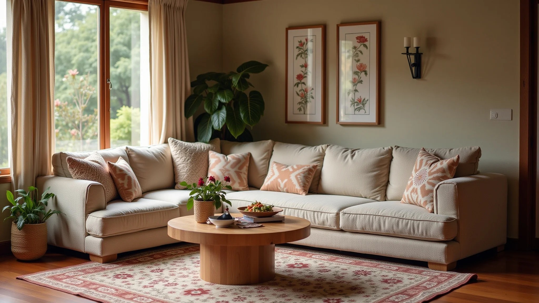 Sala aconchegante com tapete floral, luz natural e artesanato brasileiro.