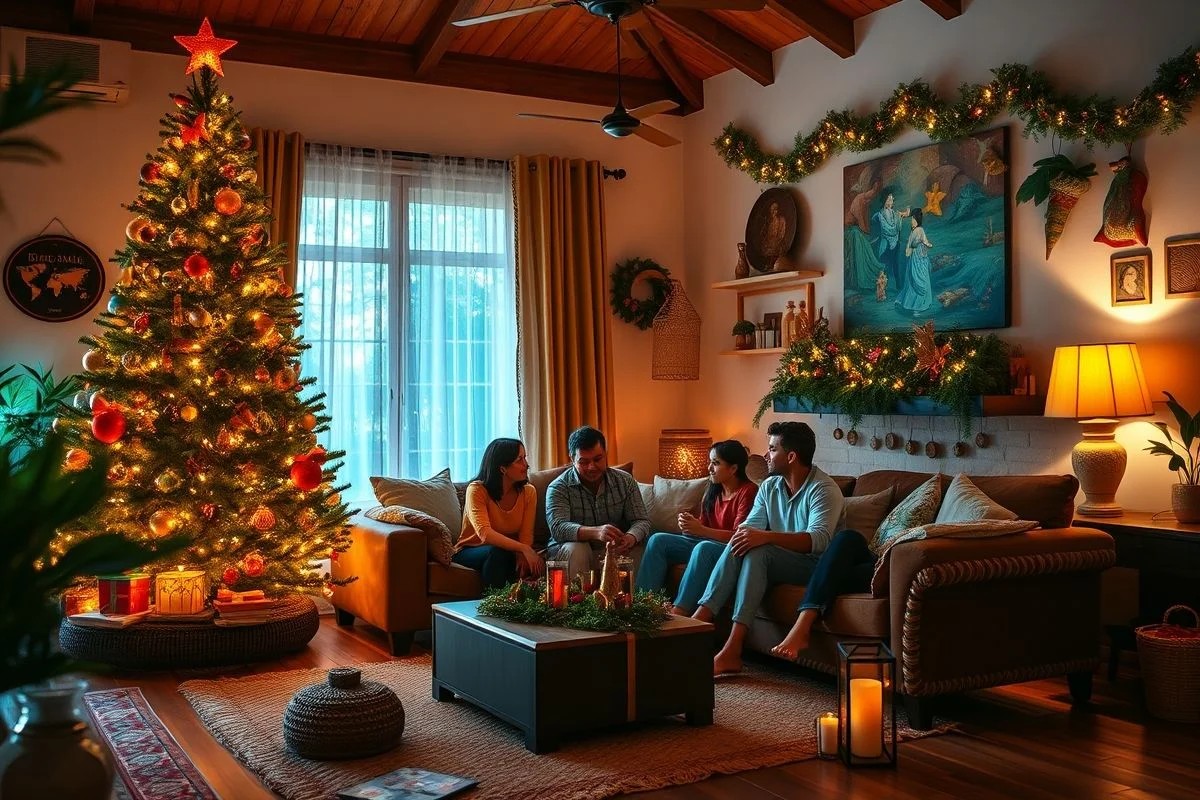Sala de estar aconchegante no Brasil com decoração natalina feita à mão.