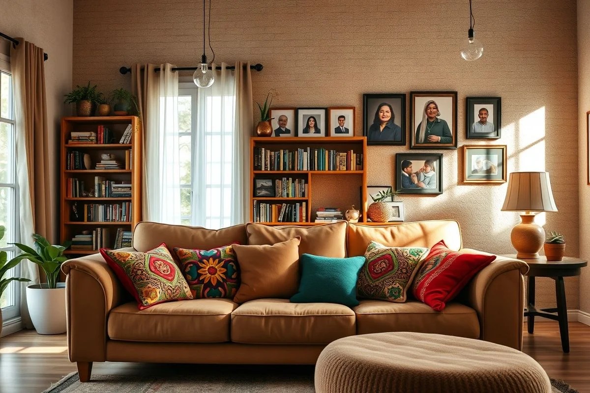 Sala de estar aconchegante em casa brasileira com sofá, livros e fotos de família.