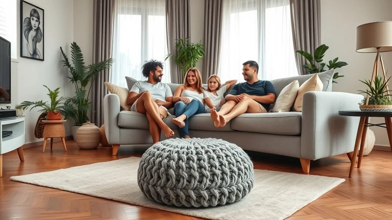 Sala de estar aconchegante com puff cinza como apoio para os pés, iluminação natural suave.