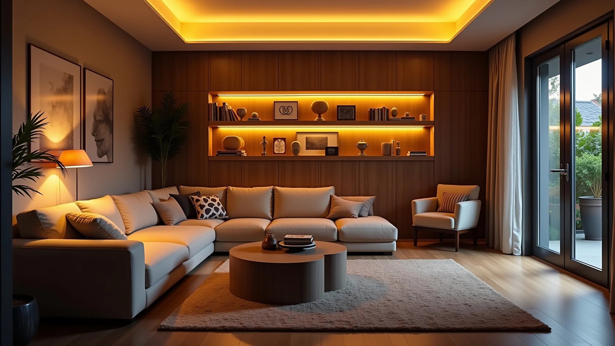 Sala aconchegante com iluminação indireta suave, design brasileiro e cores quentes.