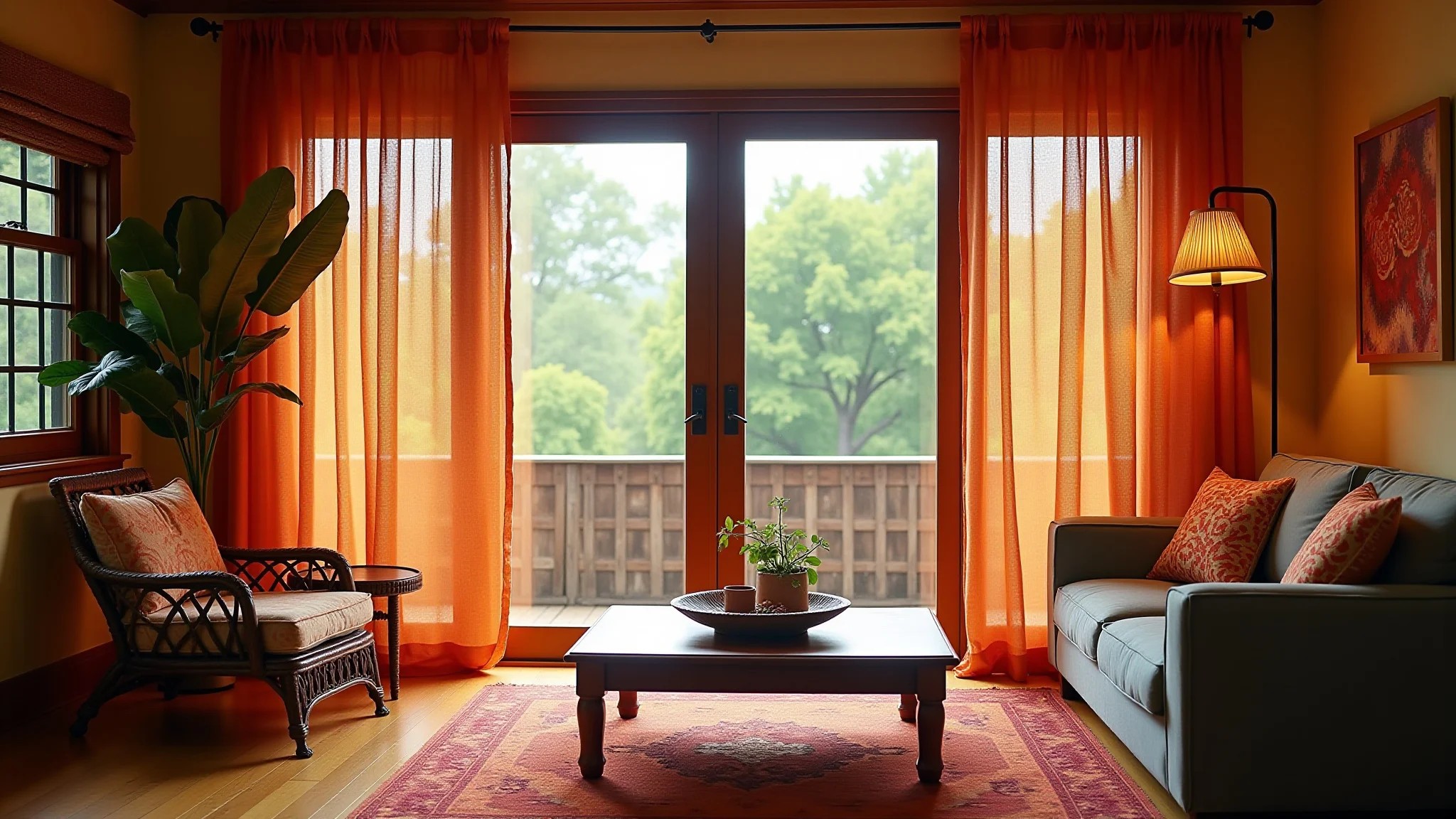 Sala aconchegante com cortinas duplas, estilo Farm Rio e cores vibrantes.