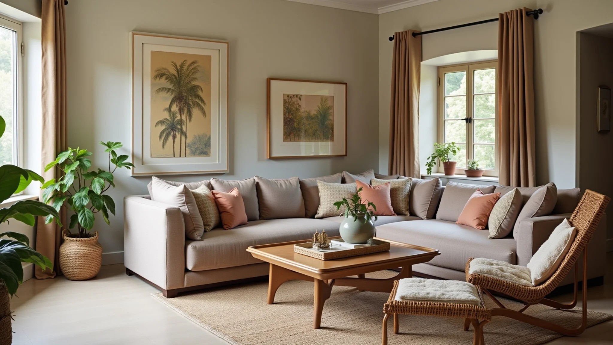 Sala aconchegante com layout em L, sofá, poltronas e mesa de centro.