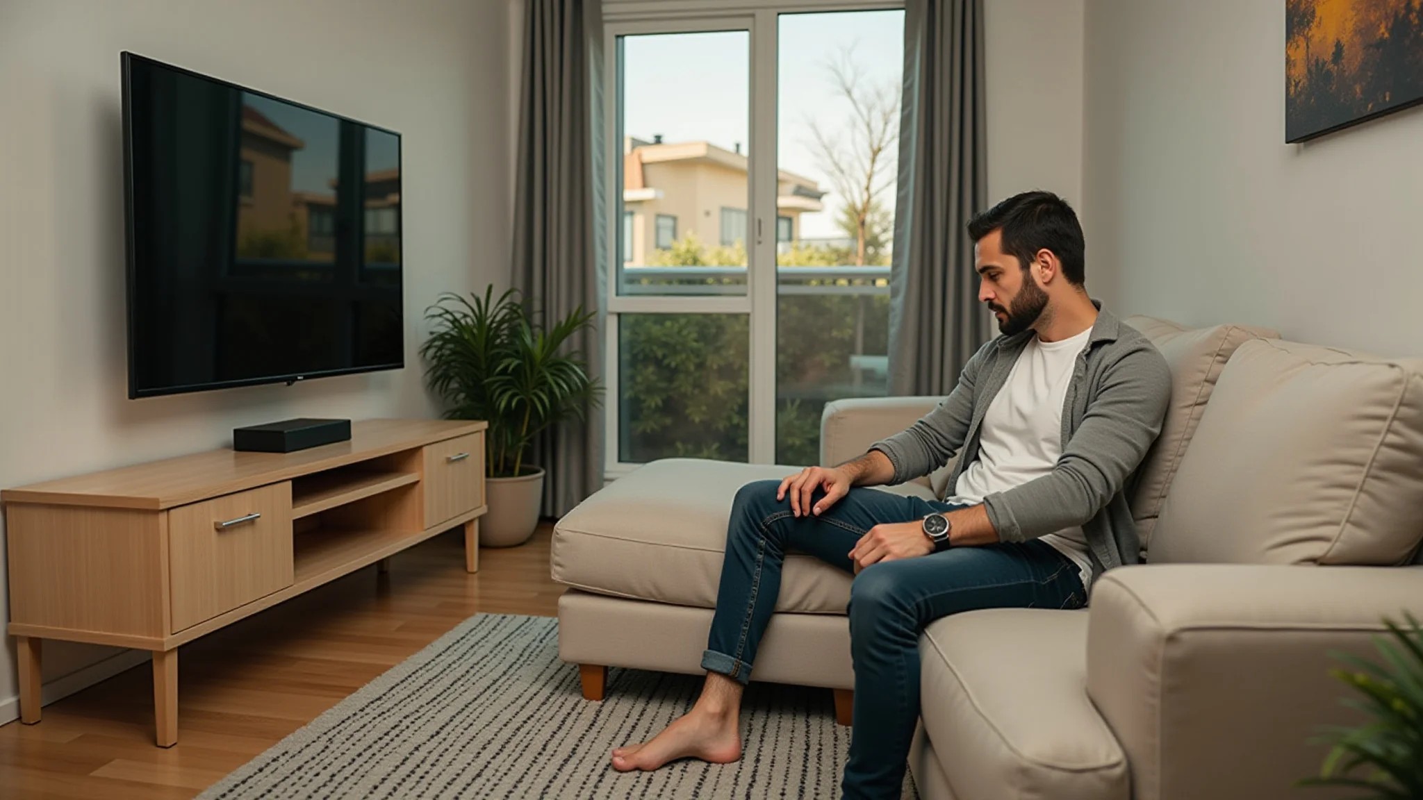 Homem medindo altura da TV na sala, iluminação brilhante, design brasileiro.