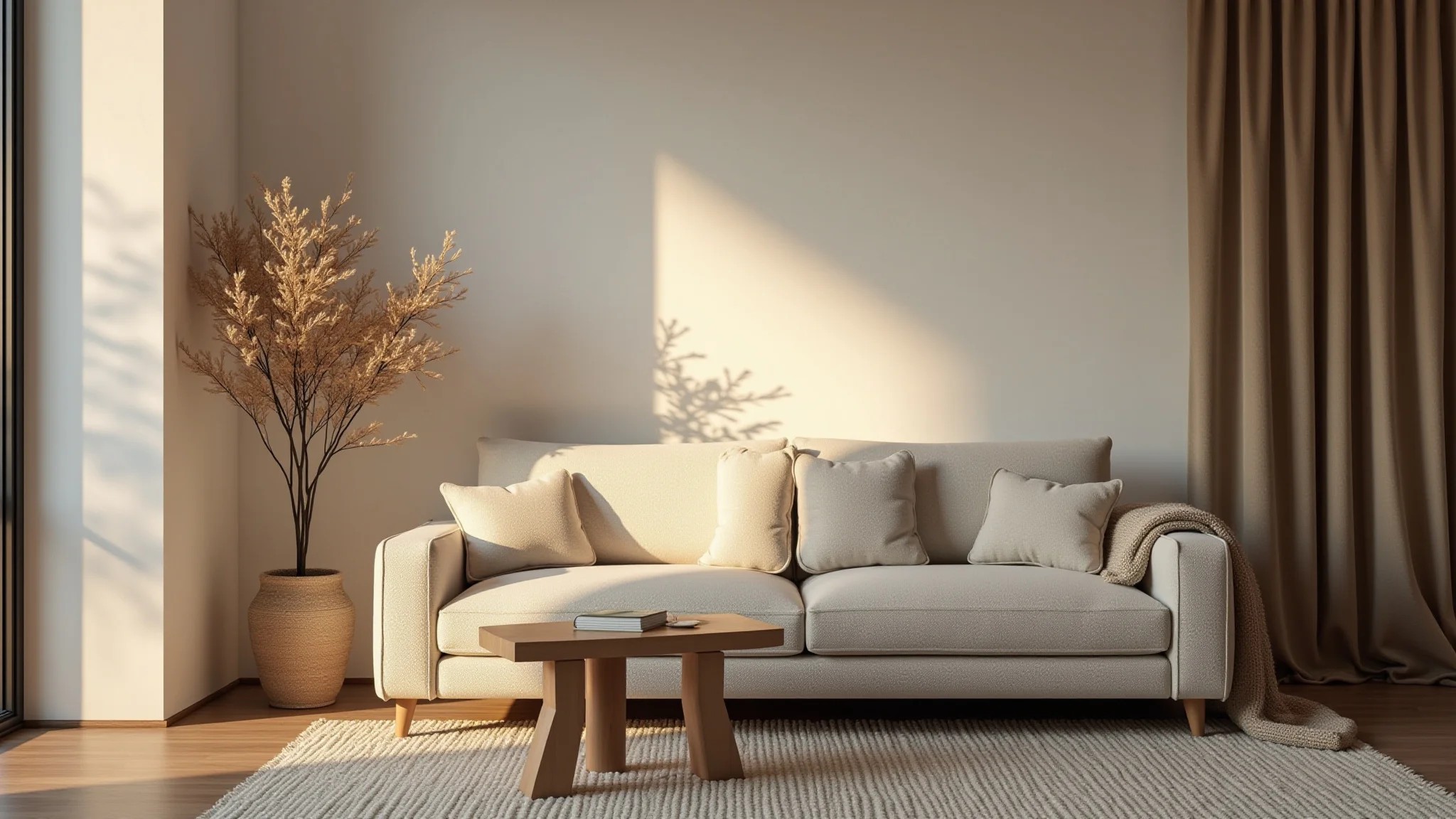 Sala aconchegante em tons neutros com tapete texturizado e sofá confortável.