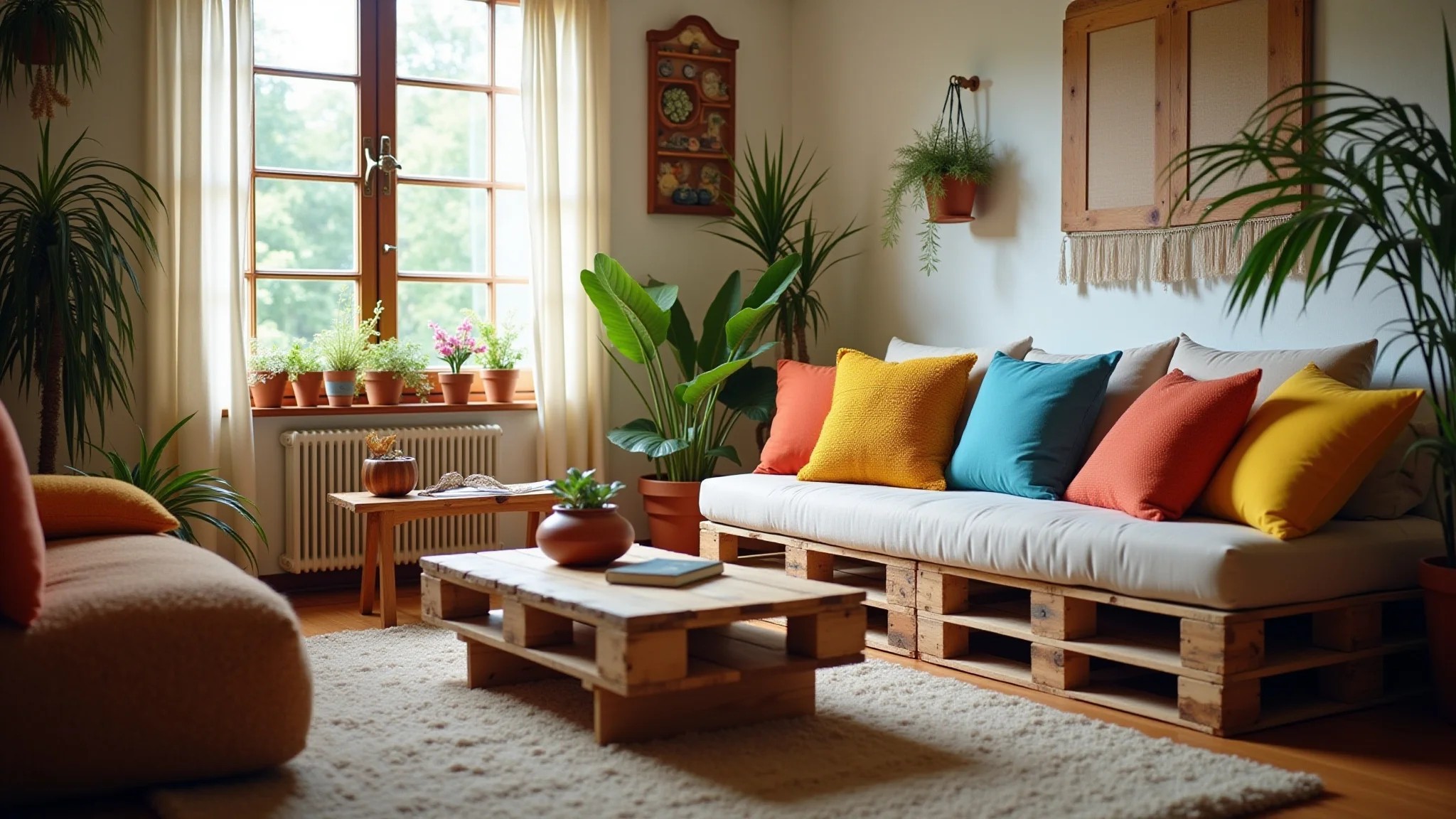 Sala aconchegante com sofá de paletes e almofadas coloridas, design brasileiro.