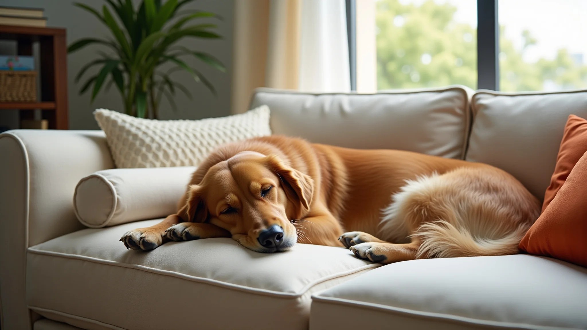 Sala aconchegante com sofá pet-friendly de microfibra e golden retriever dormindo.