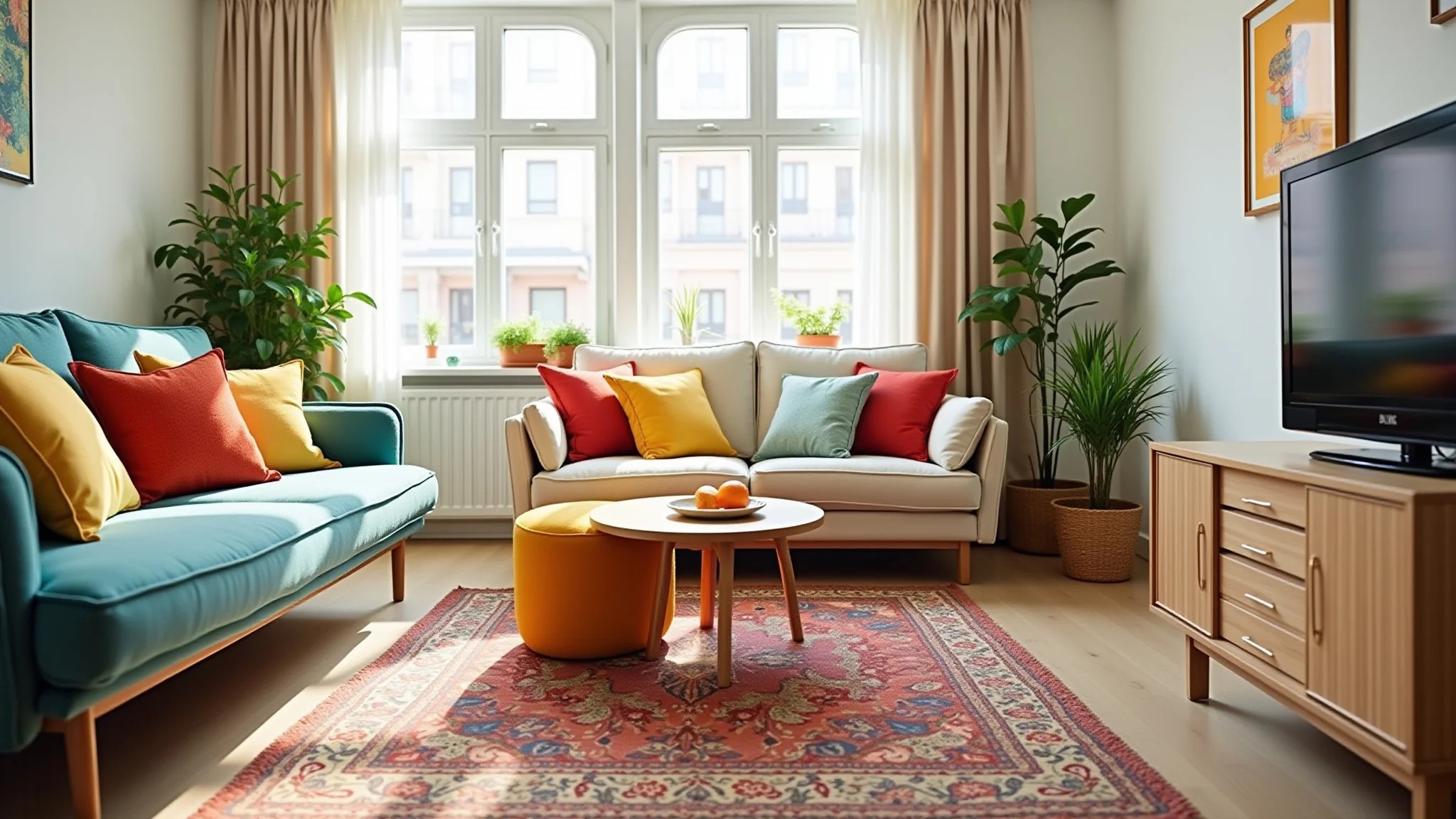 Sala aconchegante de apartamento alugado com almofadas coloridas e tapete estampado.