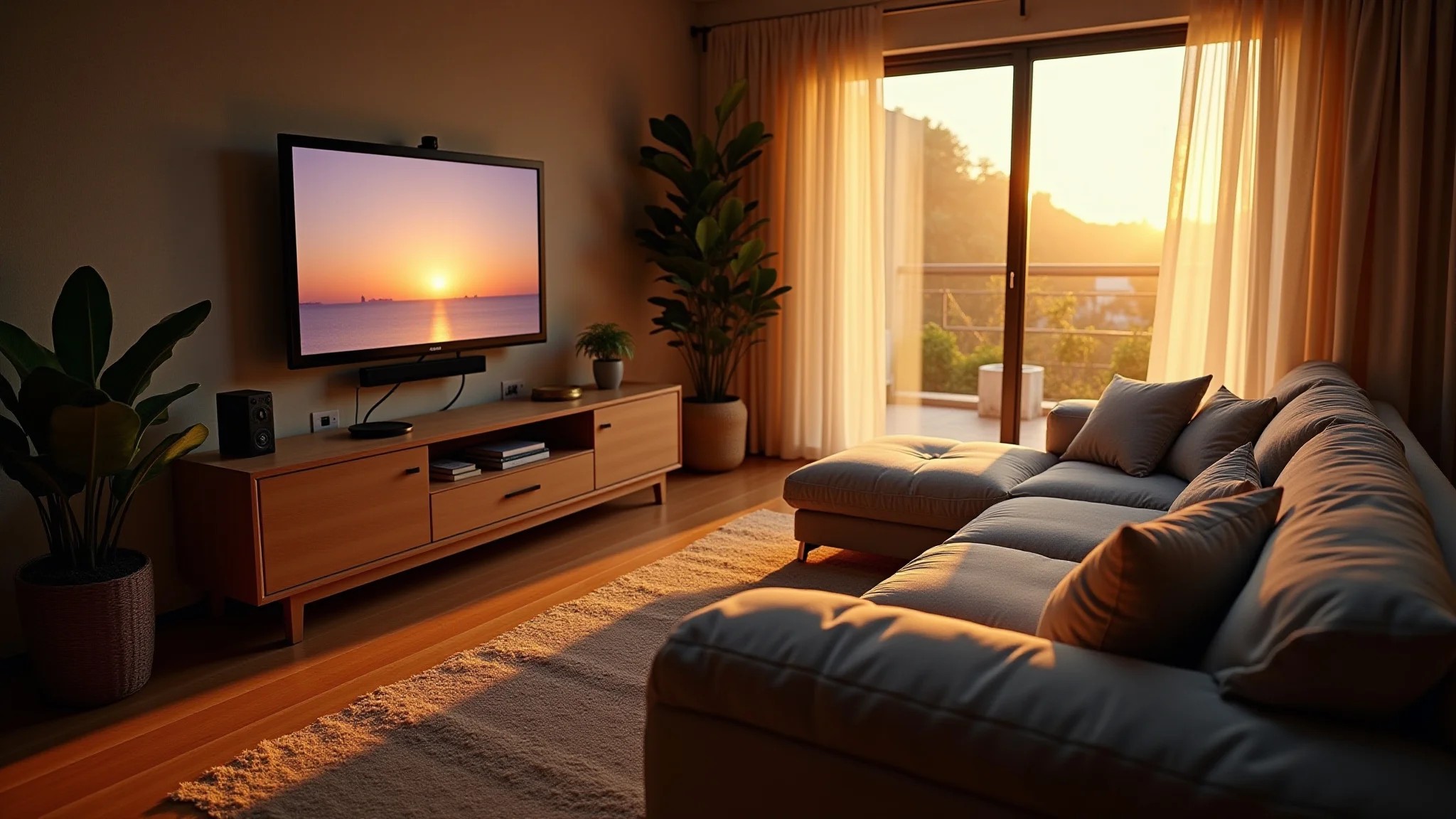 Sala aconchegante com sofá retrátil estendido para noite de cinema e decoração brasileira.