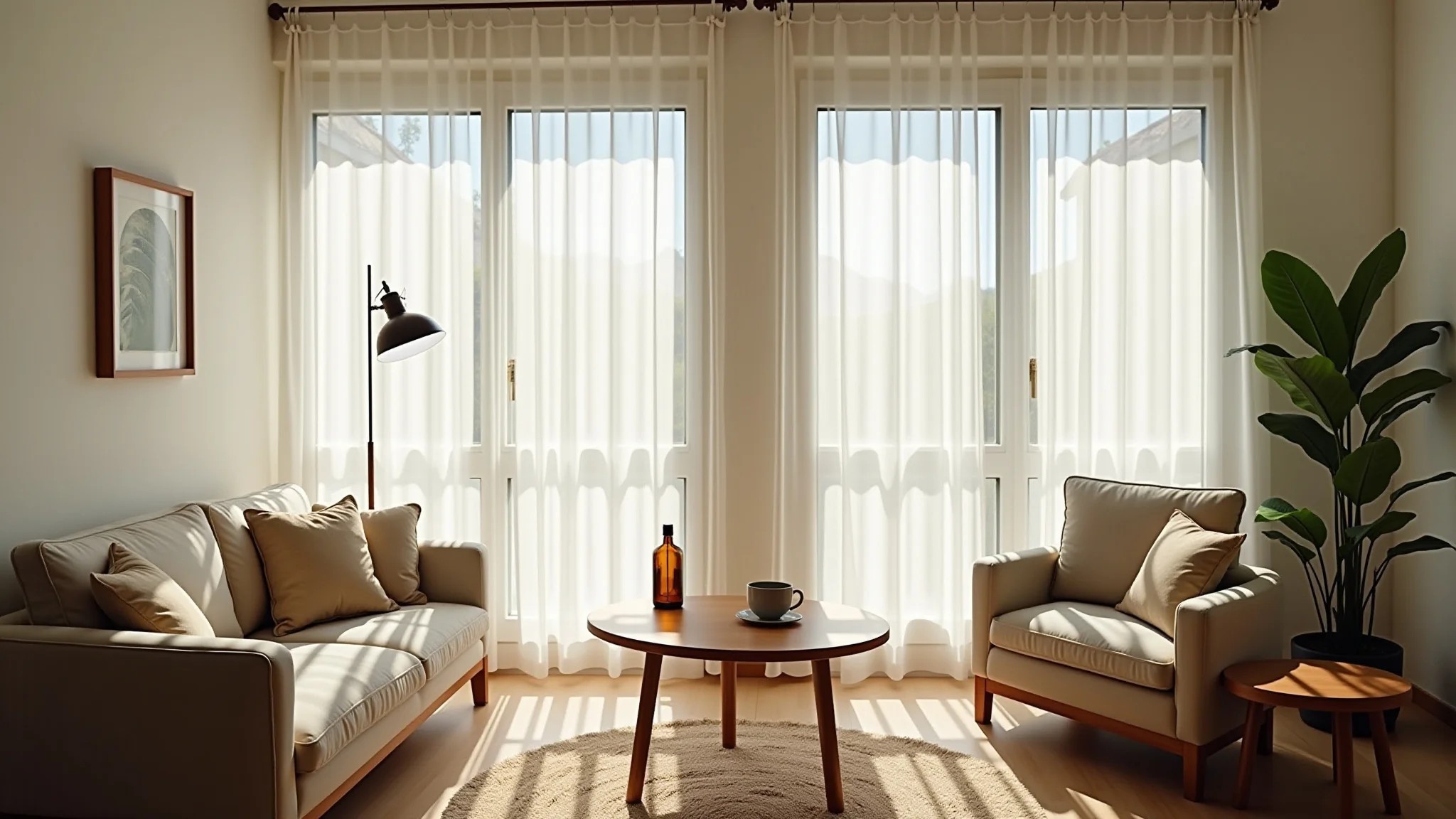 Sala aconchegante com cortinas curtas brancas e decoração minimalista.