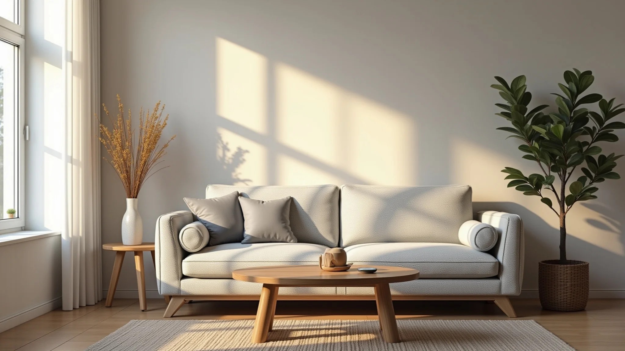 Sala aconchegante com sofá cinza claro, mesa de centro de madeira e decoração minimalista.