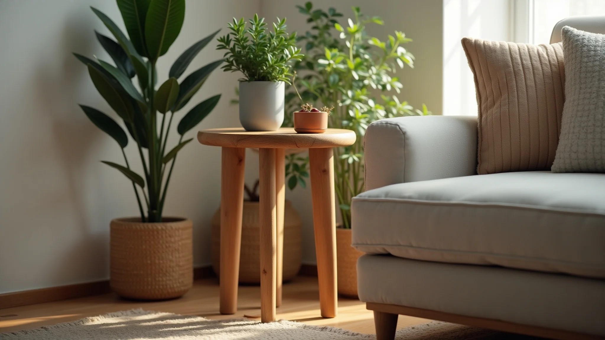 Mesa lateral de madeira maciça em sala de estar com decoração natural e aconchegante.